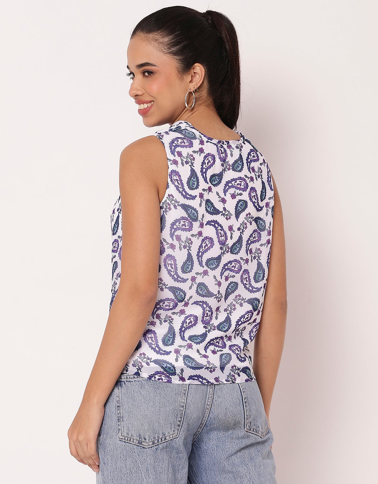Sleeveless Cowl Neck Printed Women's Elegant Top