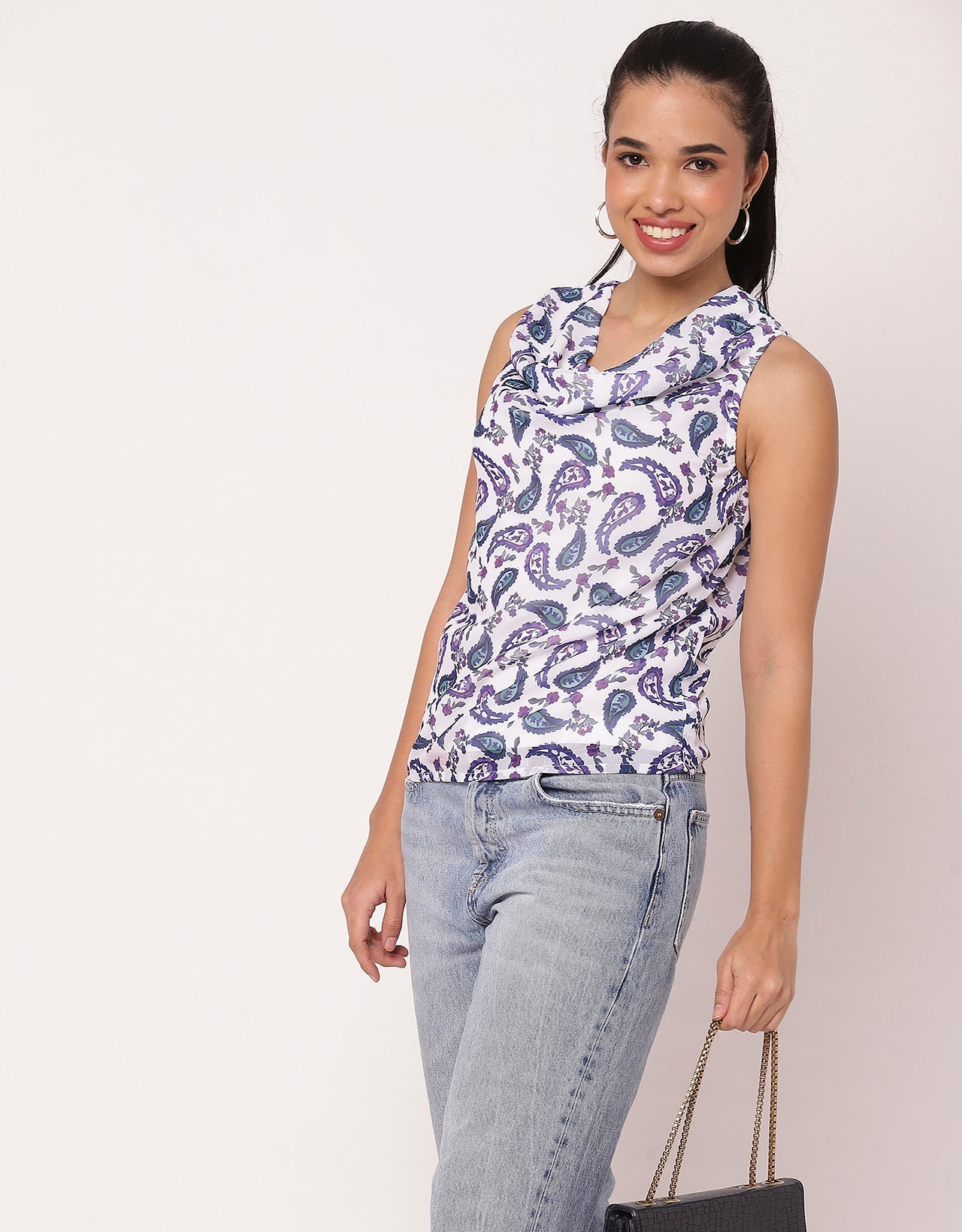 Sleeveless Cowl Neck Printed Women's Elegant Top