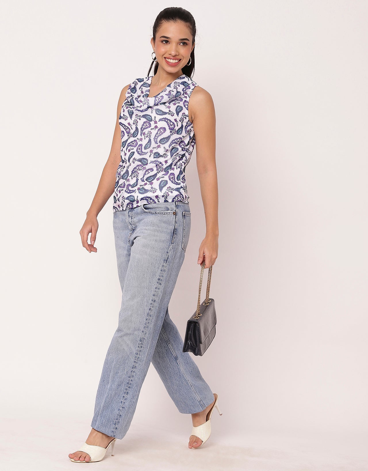 Sleeveless Cowl Neck Printed Women's Elegant Top