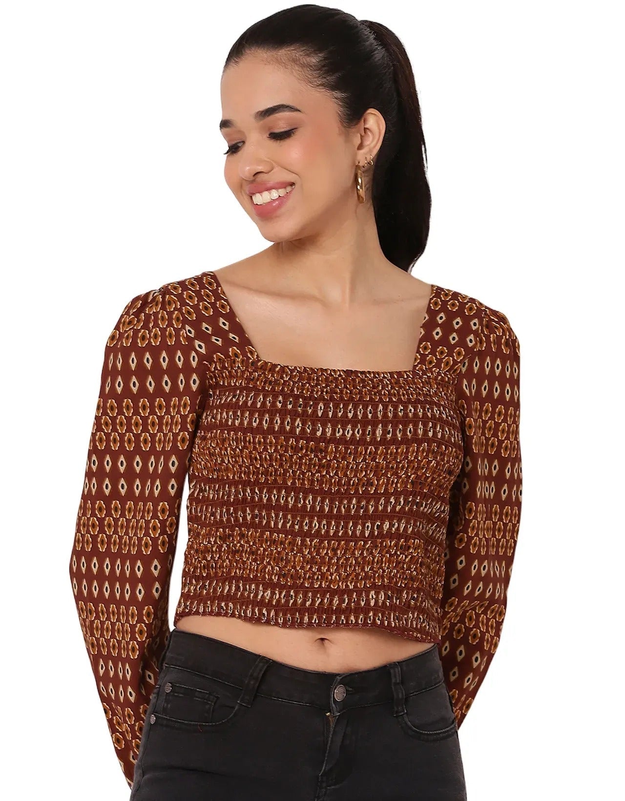 Women's Square Neck Crop Long Sleeves Summer Top