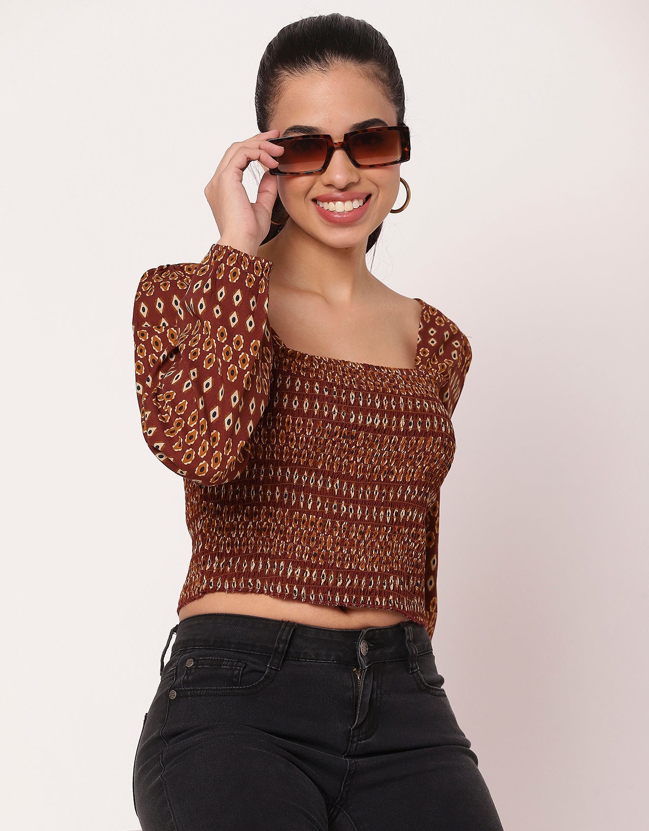 Women's Square Neck Crop Long Sleeves Summer Top