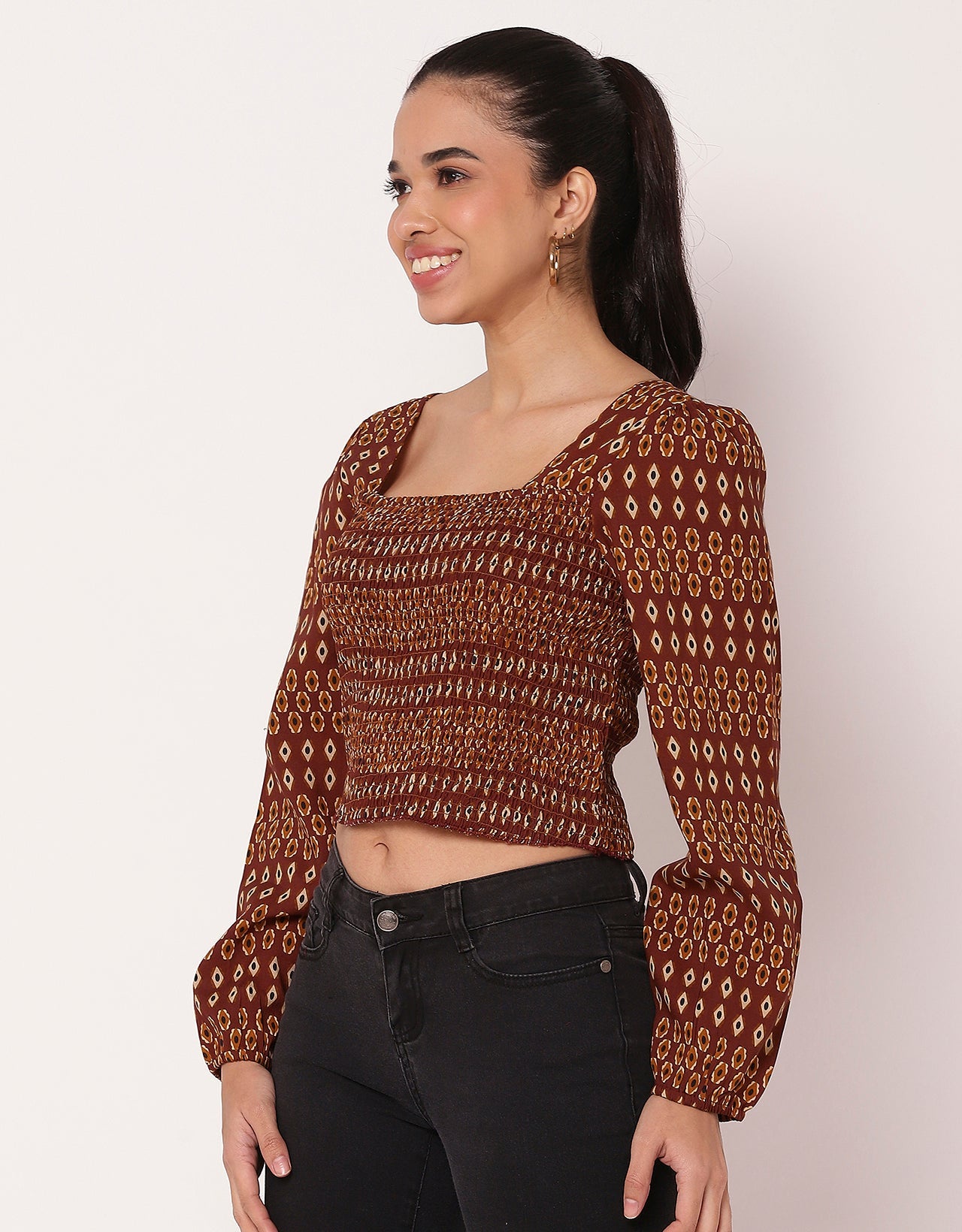 Women's Square Neck Crop Long Sleeves Summer Top