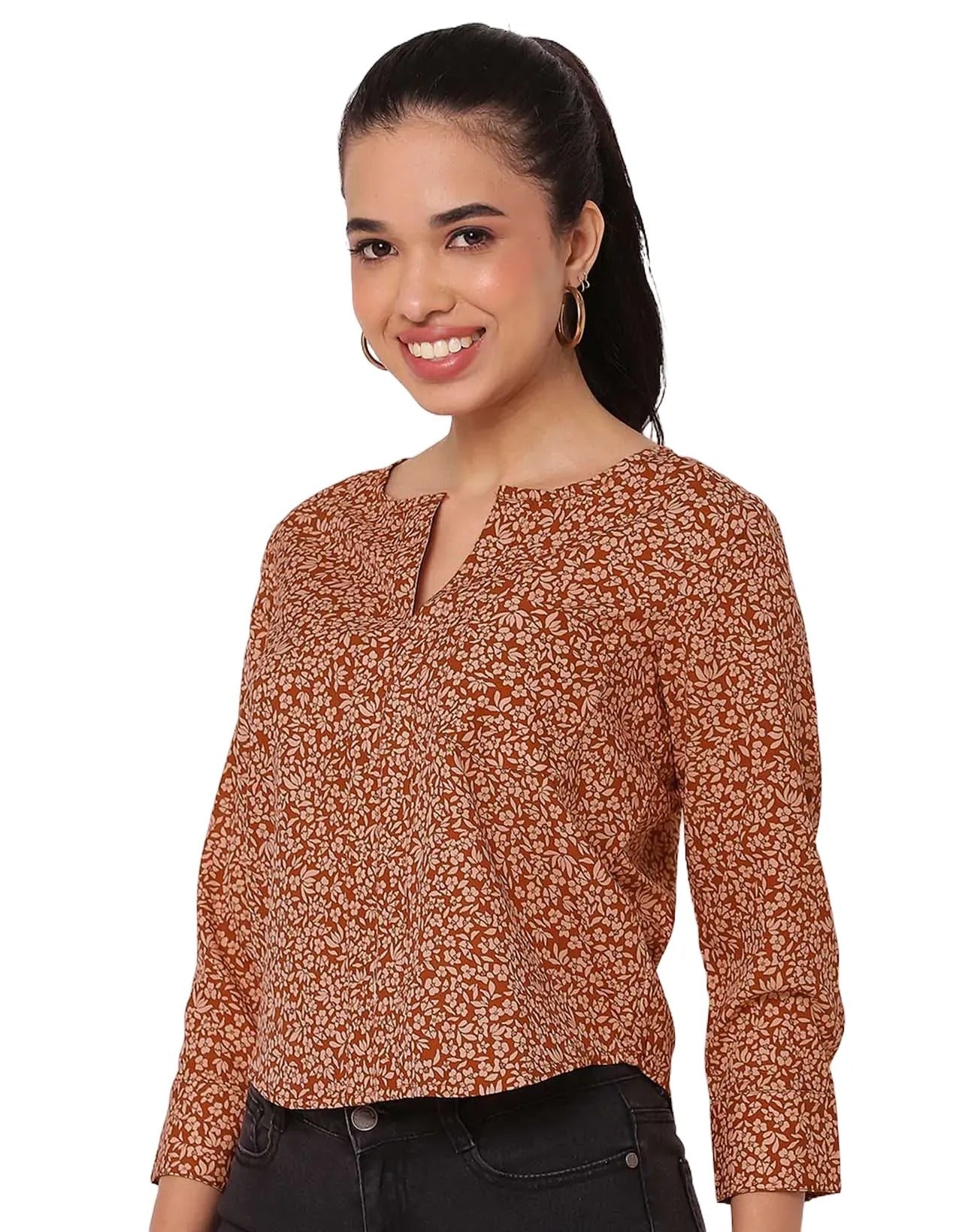 Printed Short V Neck Full Sleeve Top For Women