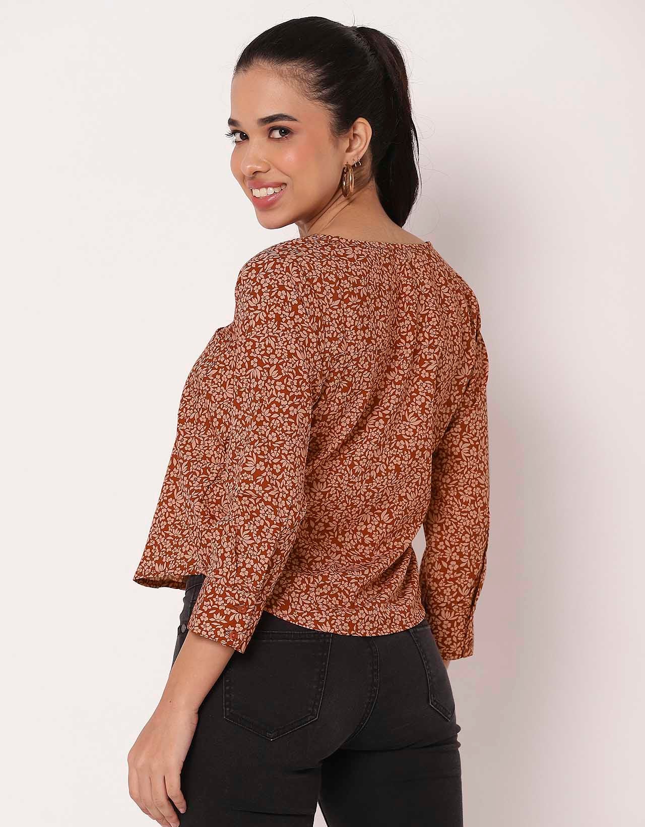 Printed Short V Neck Full Sleeve Top For Women