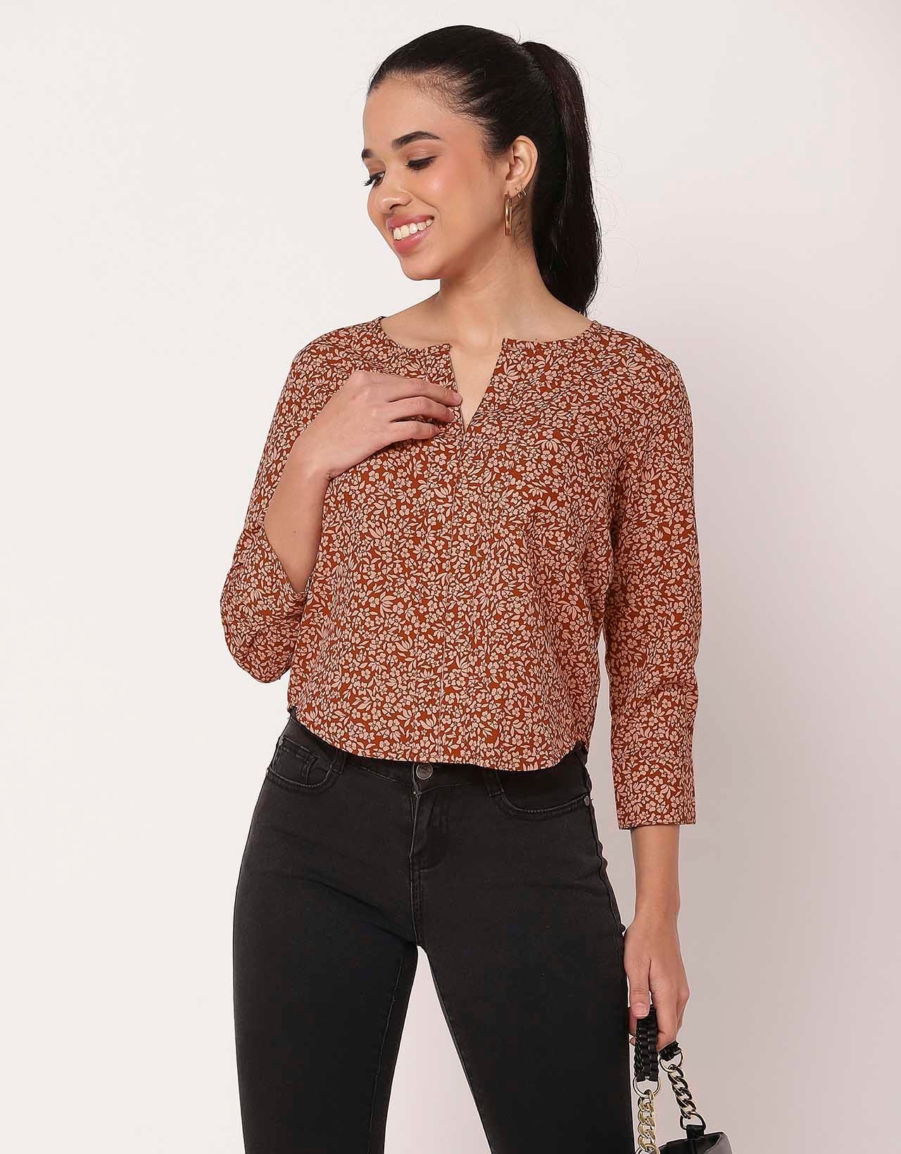 Printed Short V Neck Full Sleeve Top For Women