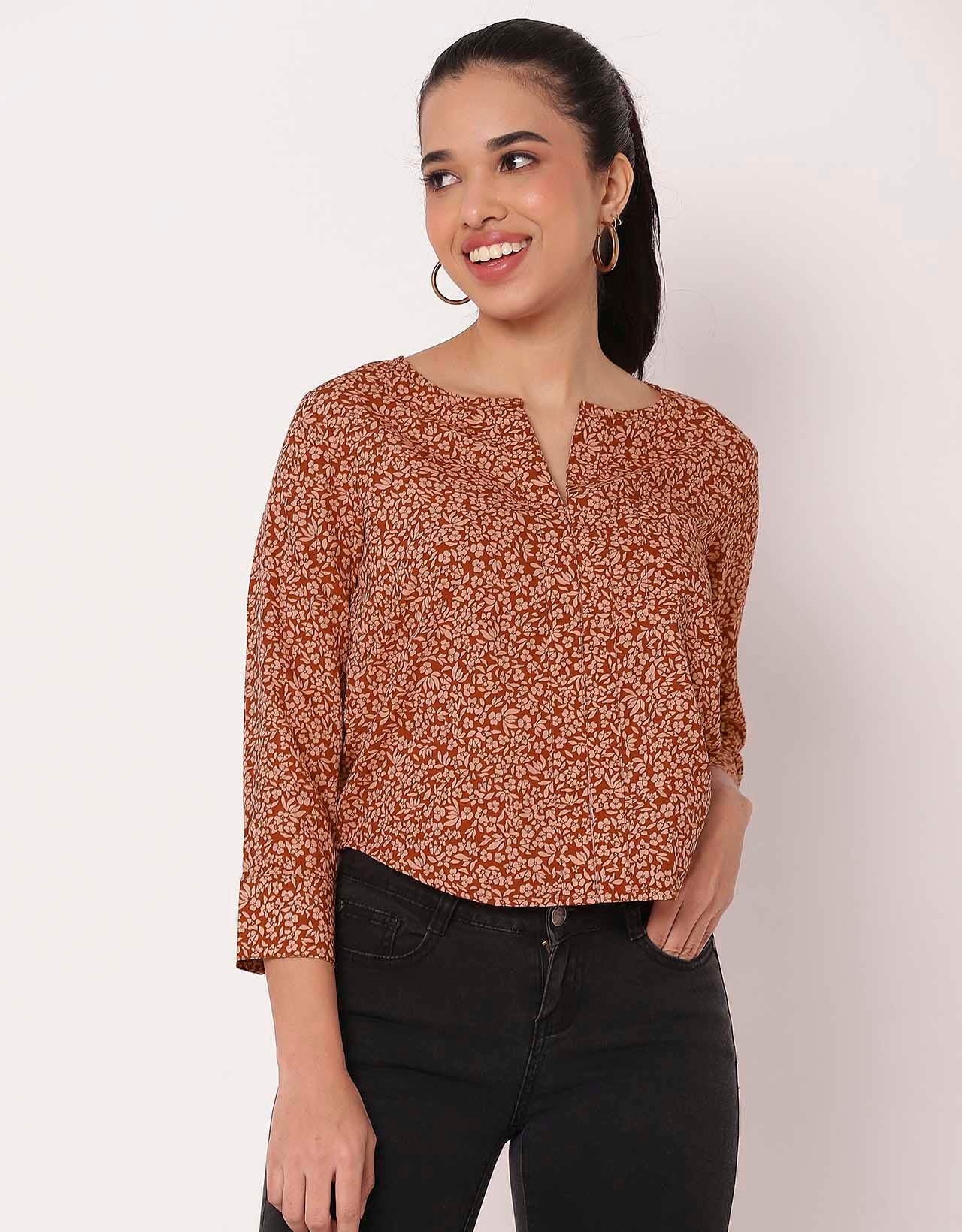 Printed Short V Neck Full Sleeve Top For Women