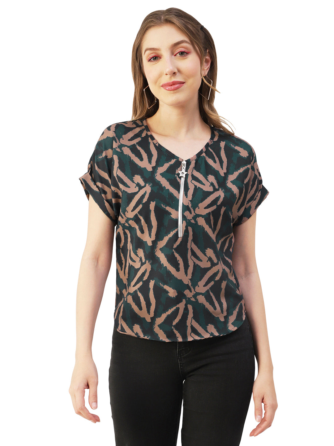 Printed Front Zip-Up Top