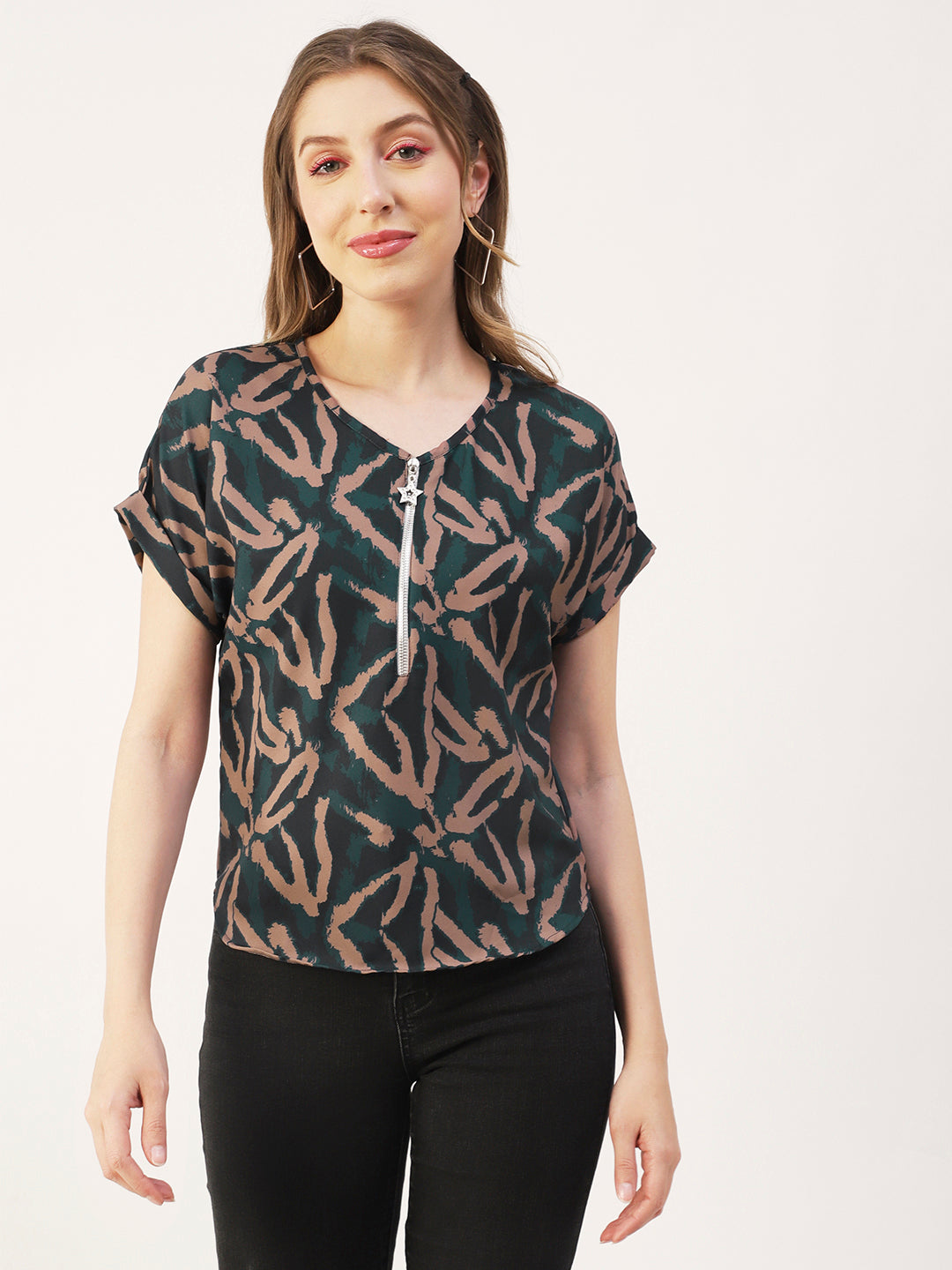 Printed Front Zip-Up Top