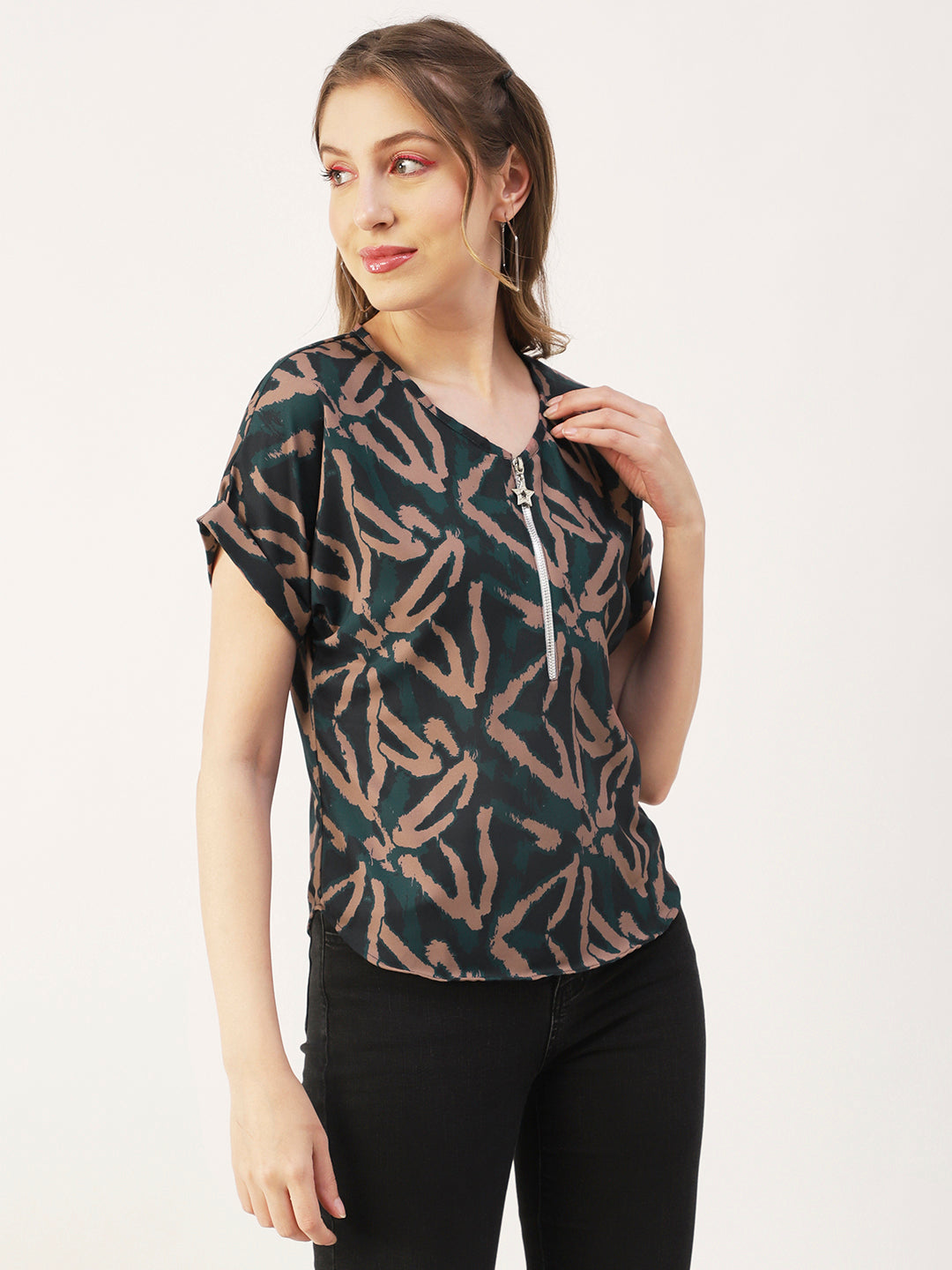 Printed Front Zip-Up Top