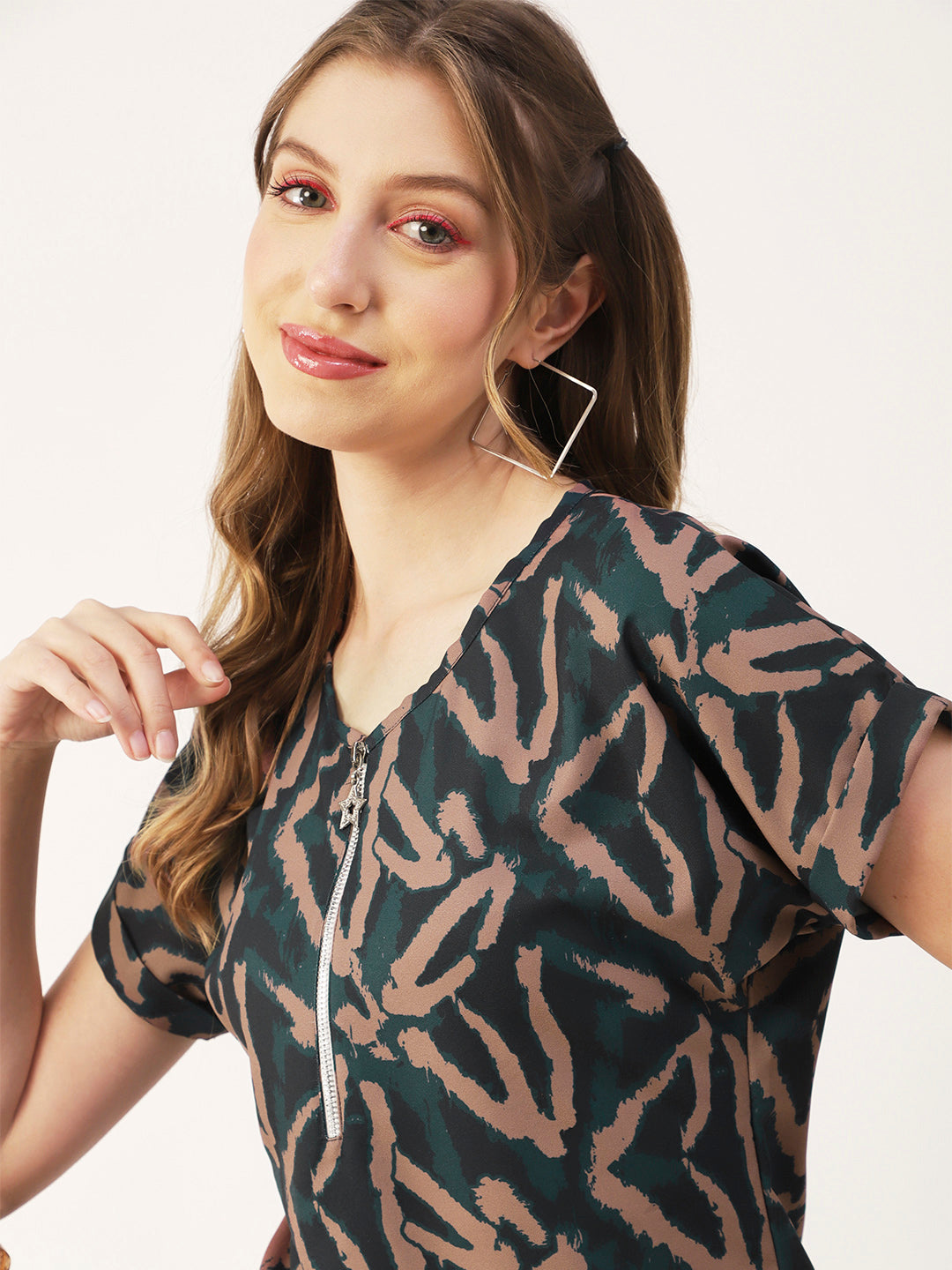Printed Front Zip-Up Top