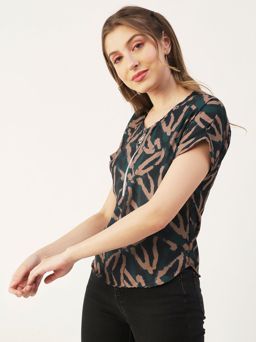 Printed Front Zip-Up Top