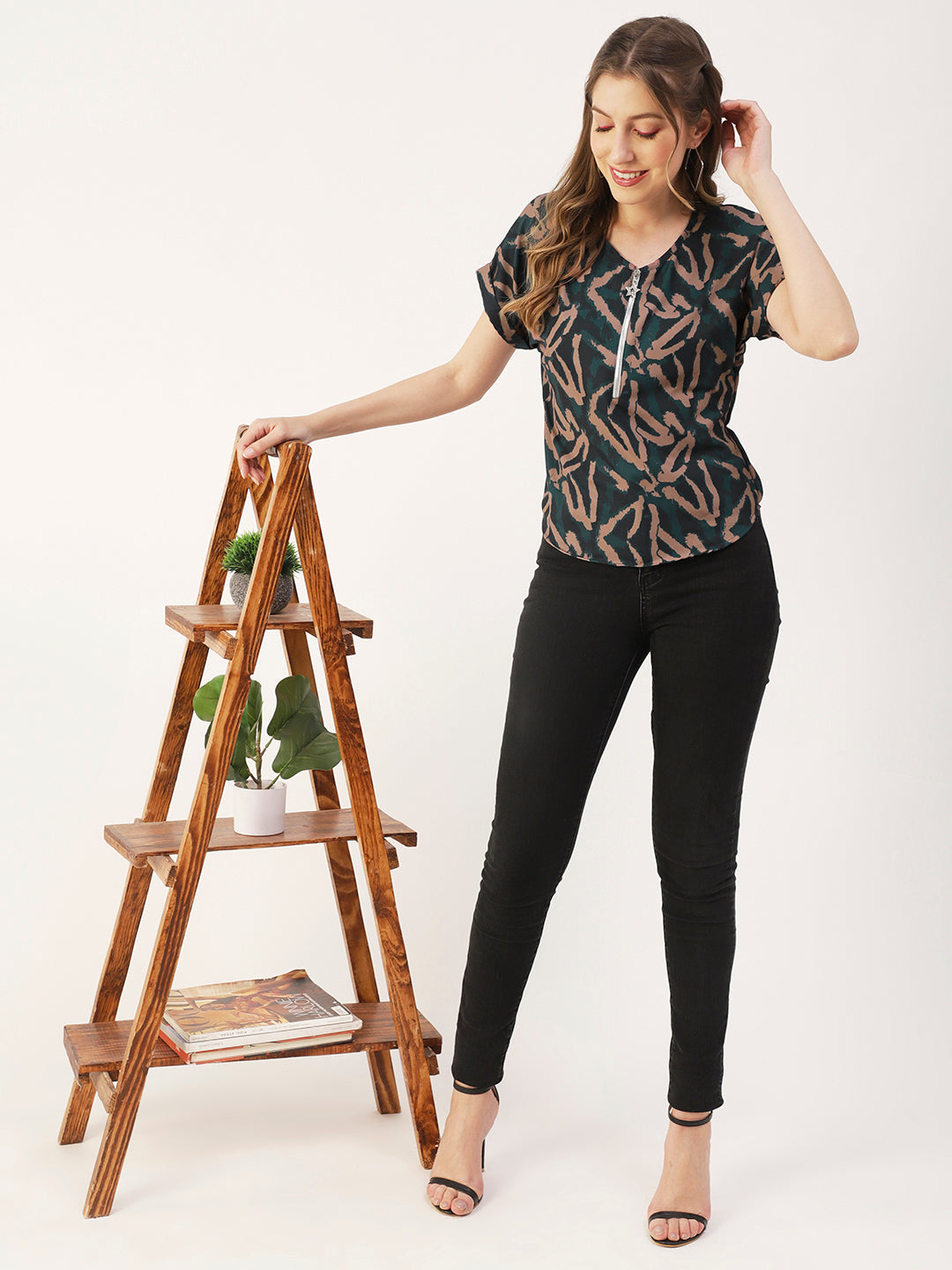 Printed Front Zip-Up Top