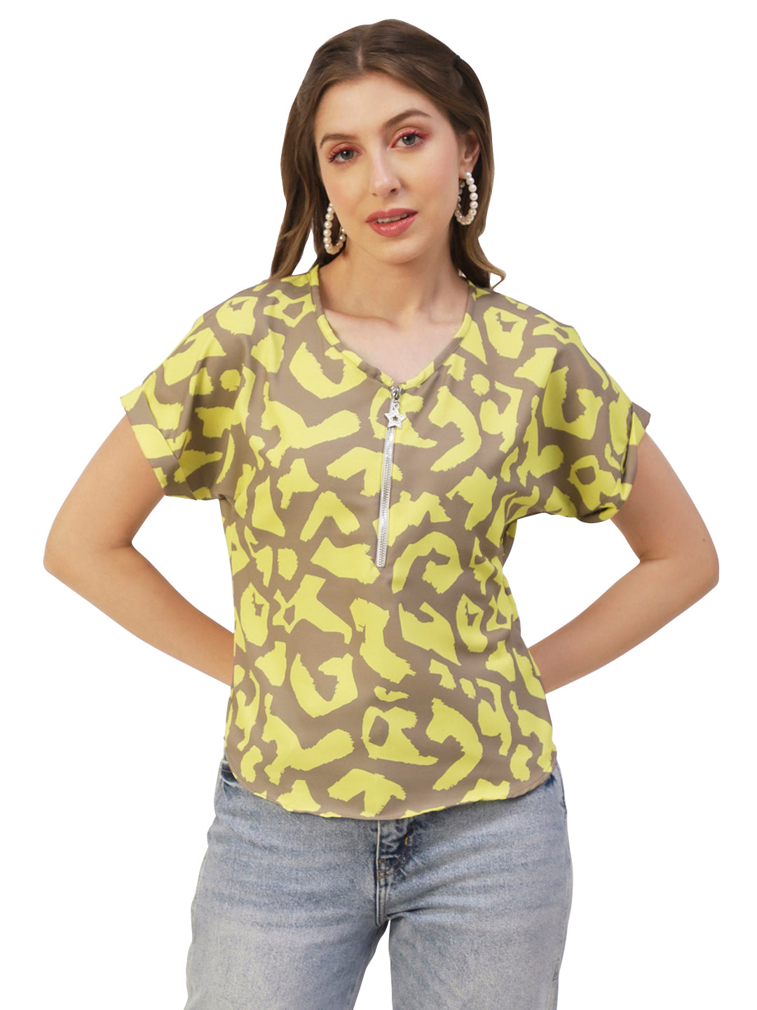 Printed Front Zip-Up Top