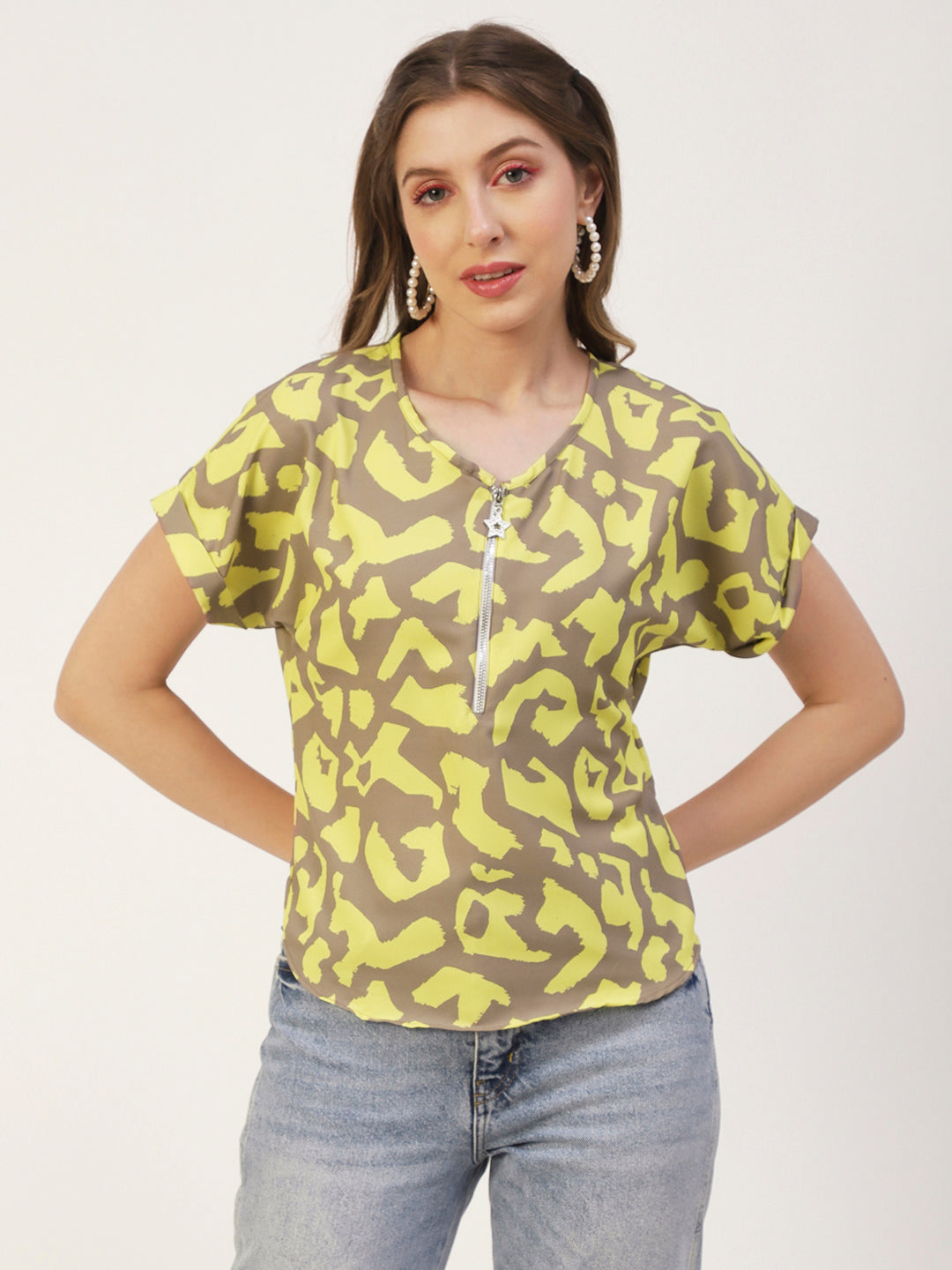 Printed Front Zip-Up Top