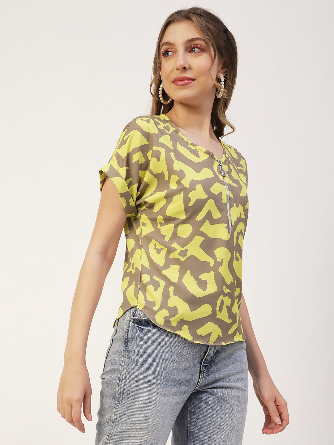 Printed Front Zip-Up Top