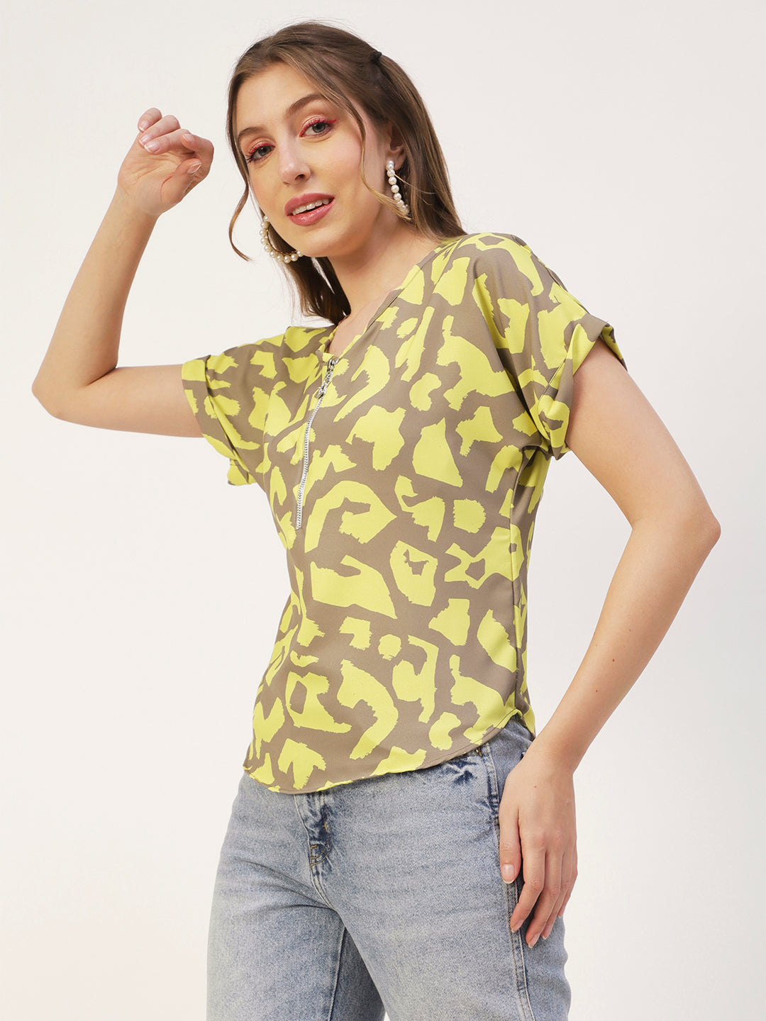 Printed Front Zip-Up Top