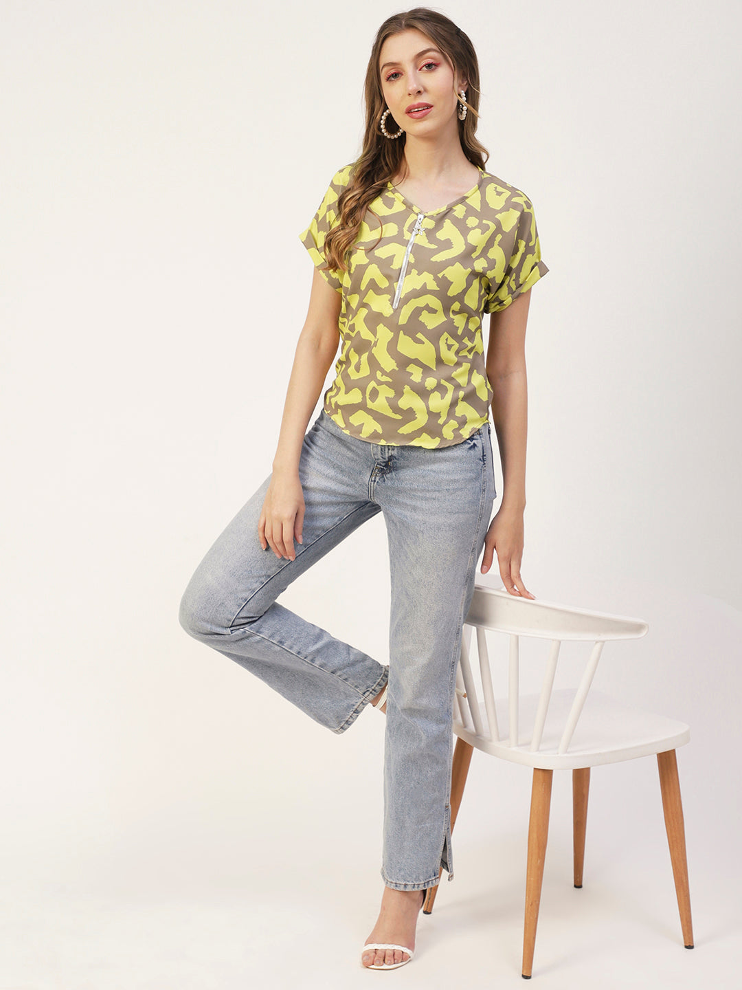 Printed Front Zip-Up Top
