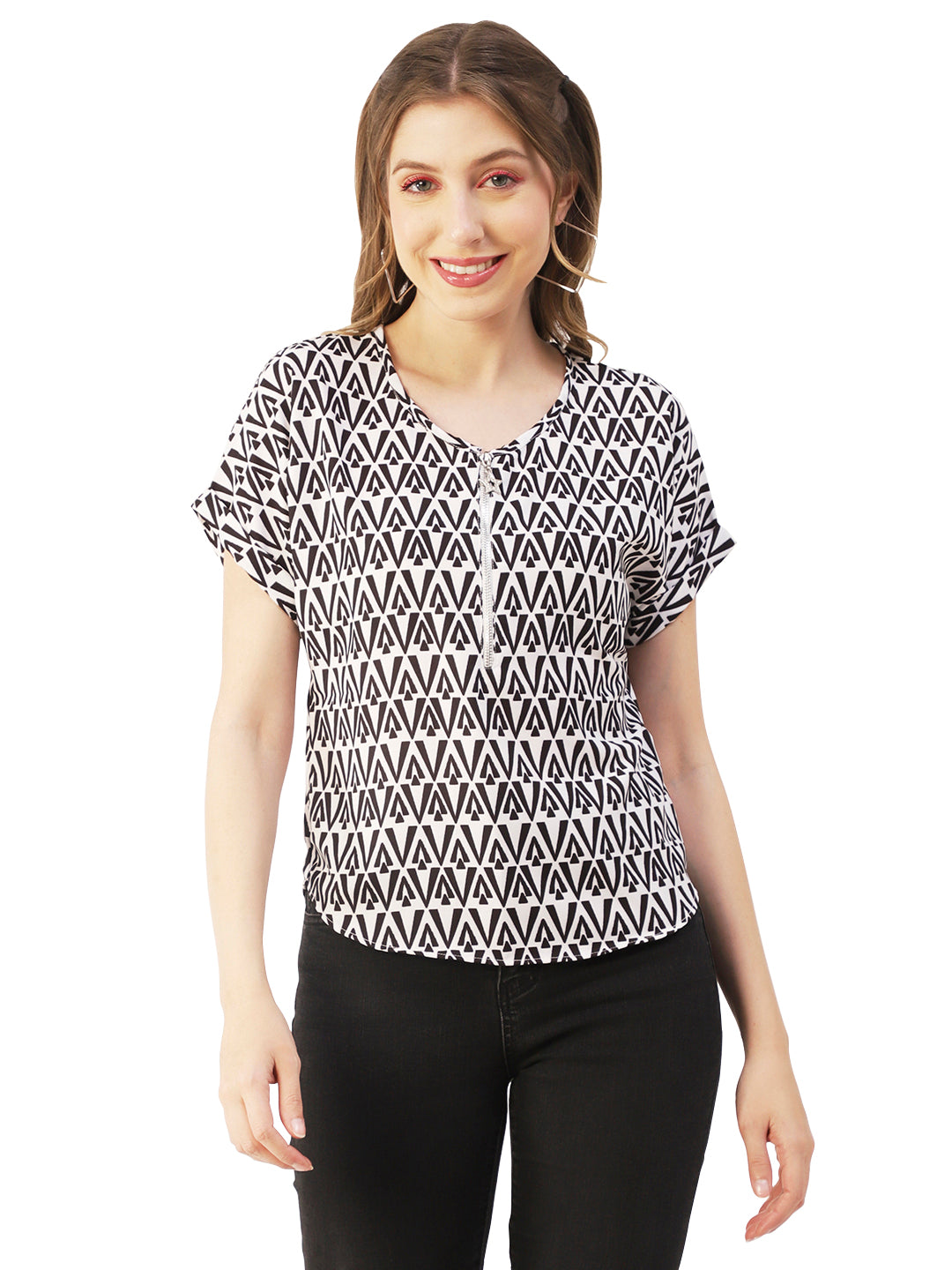 Printed Front Zip-Up Top