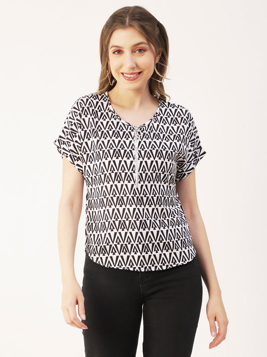 Printed Front Zip-Up Top