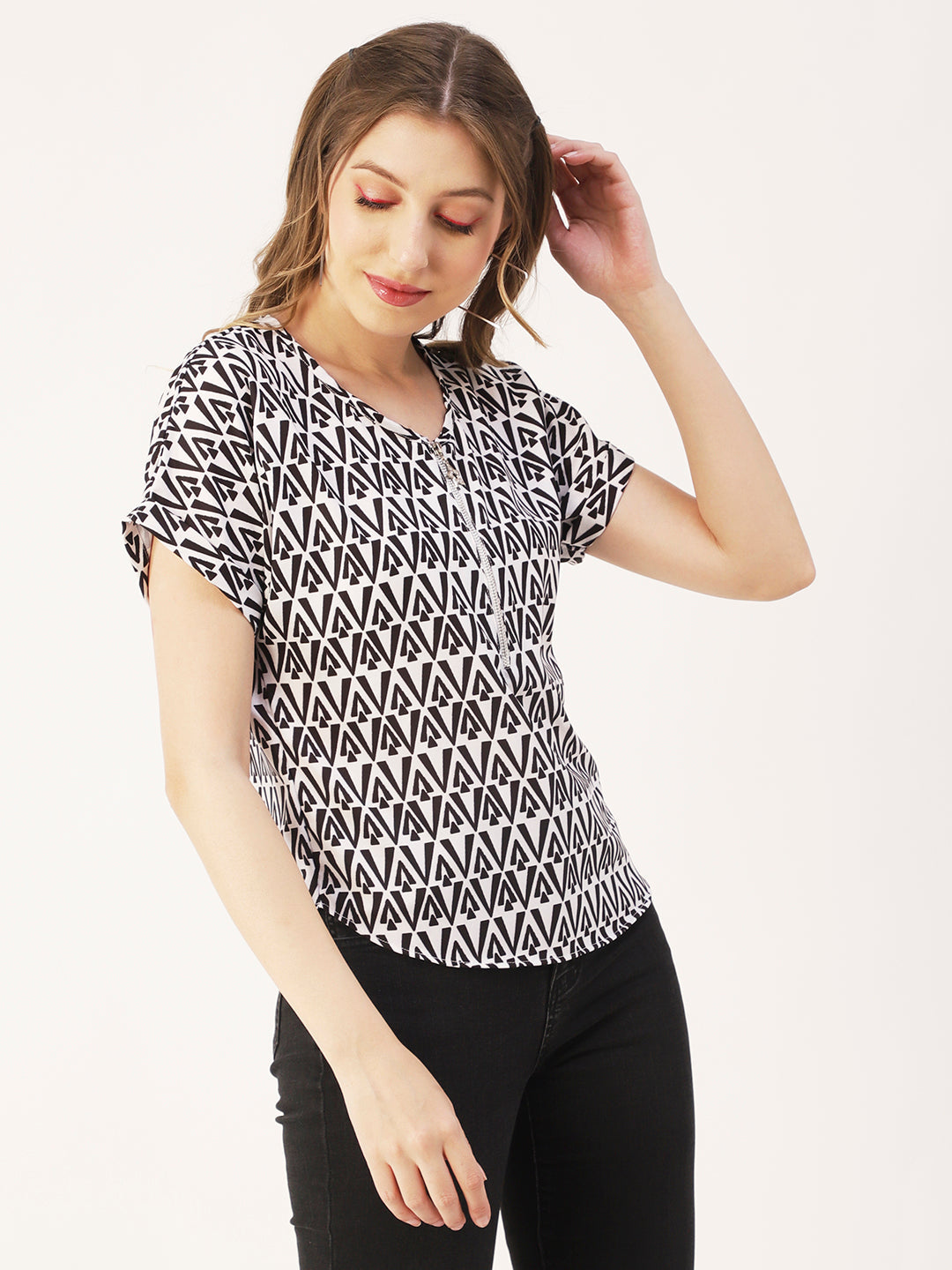 Printed Front Zip-Up Top