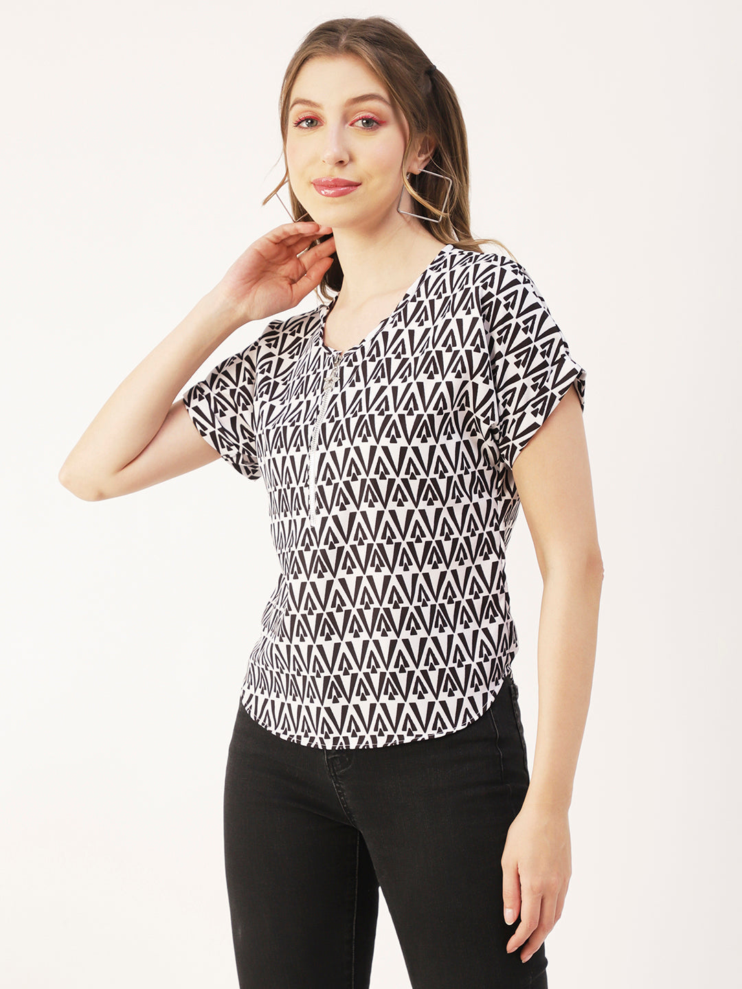 Printed Front Zip-Up Top