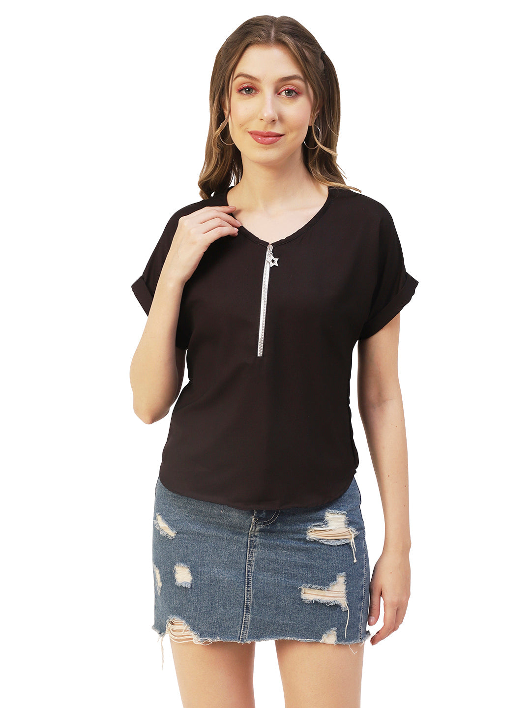 Printed Front Zip-Up Top