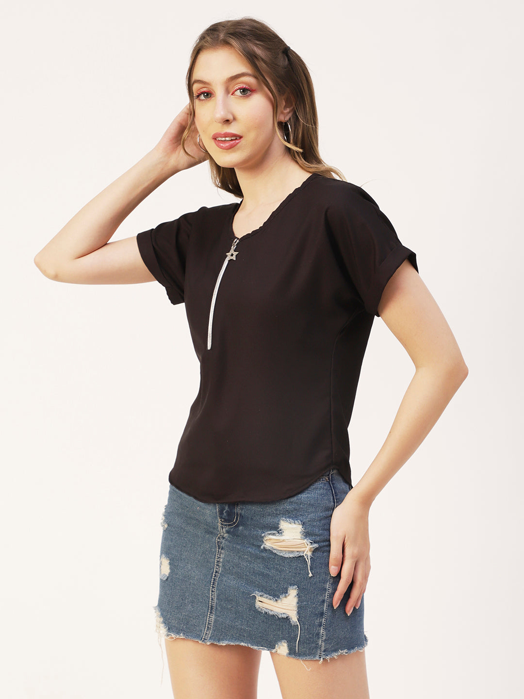 Printed Front Zip-Up Top