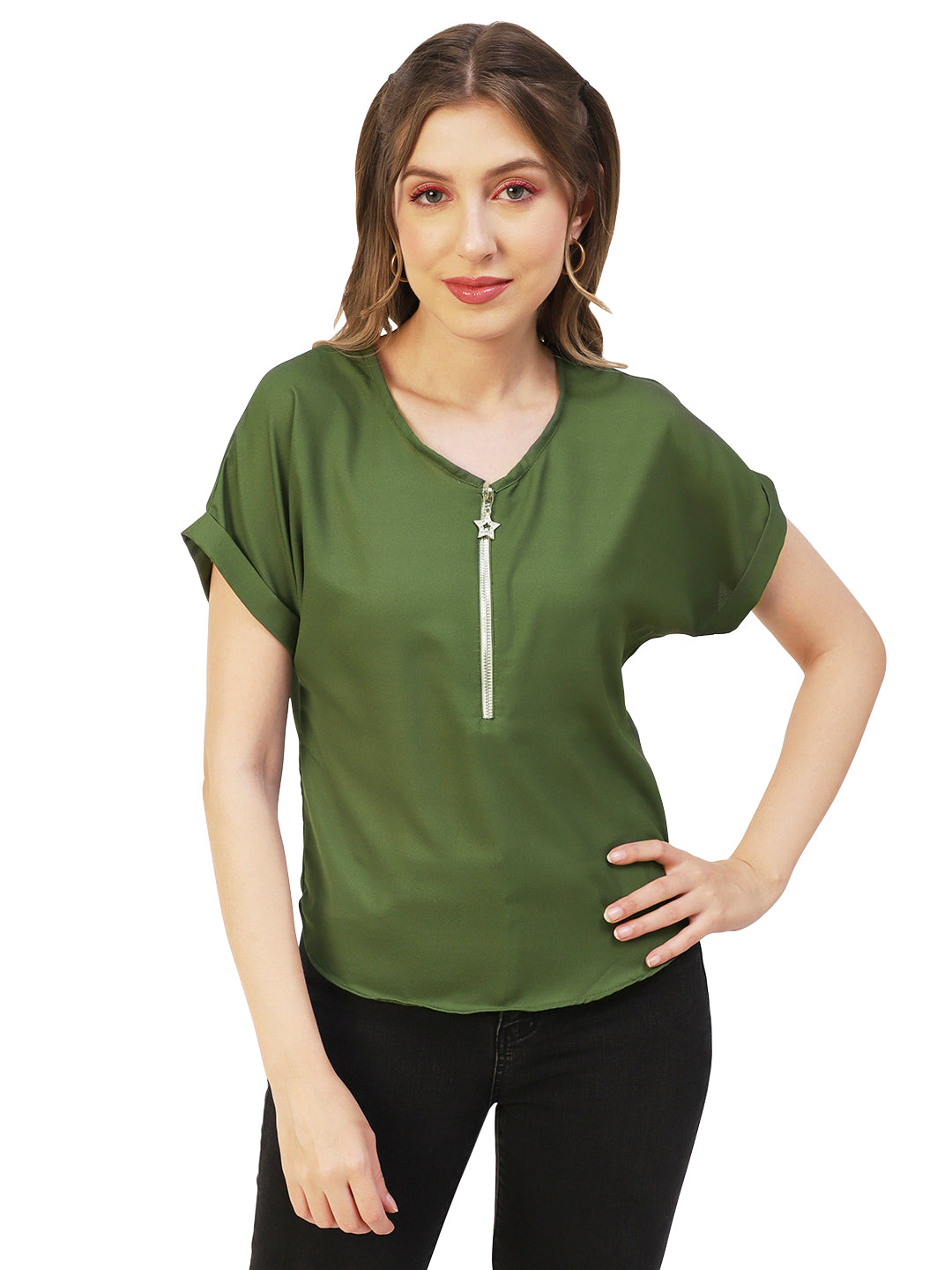 Printed Front Zip-Up Top