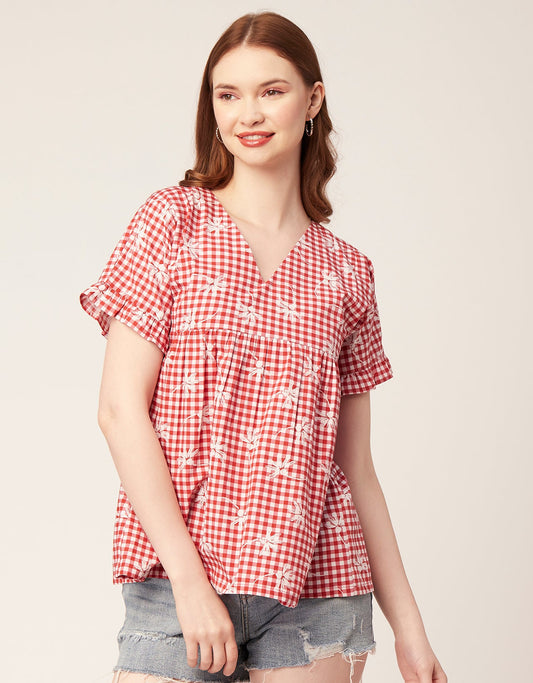 Printed V-Neck Flared Top
