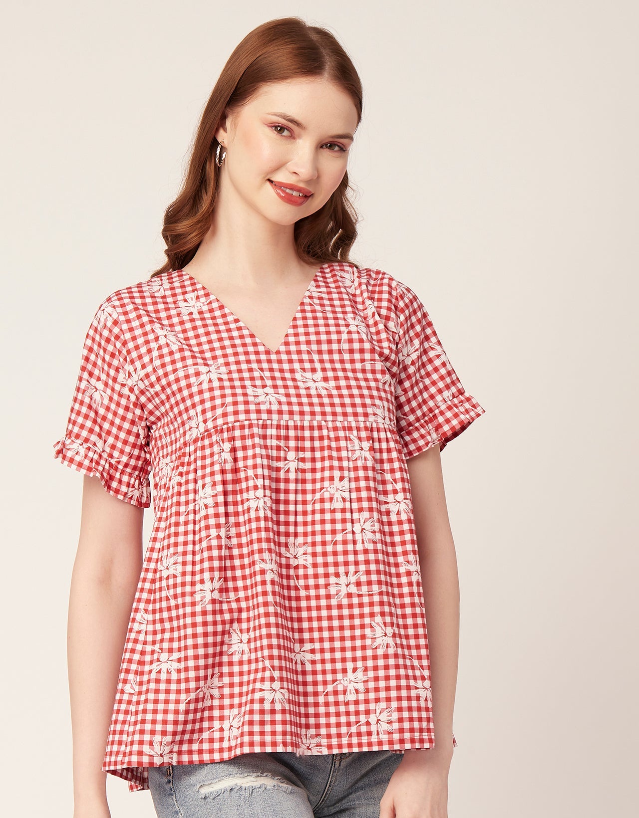 Printed V-Neck Flared Top