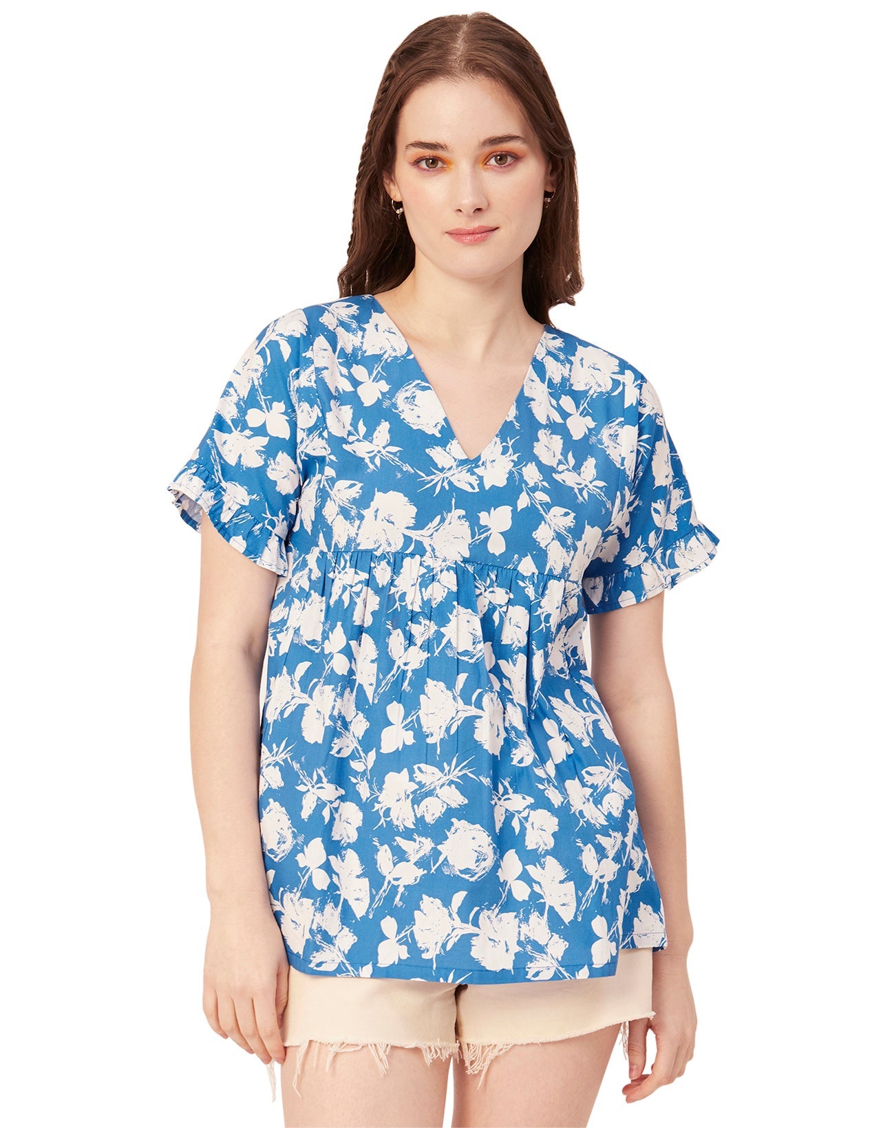 Printed V-Neck Flared Top