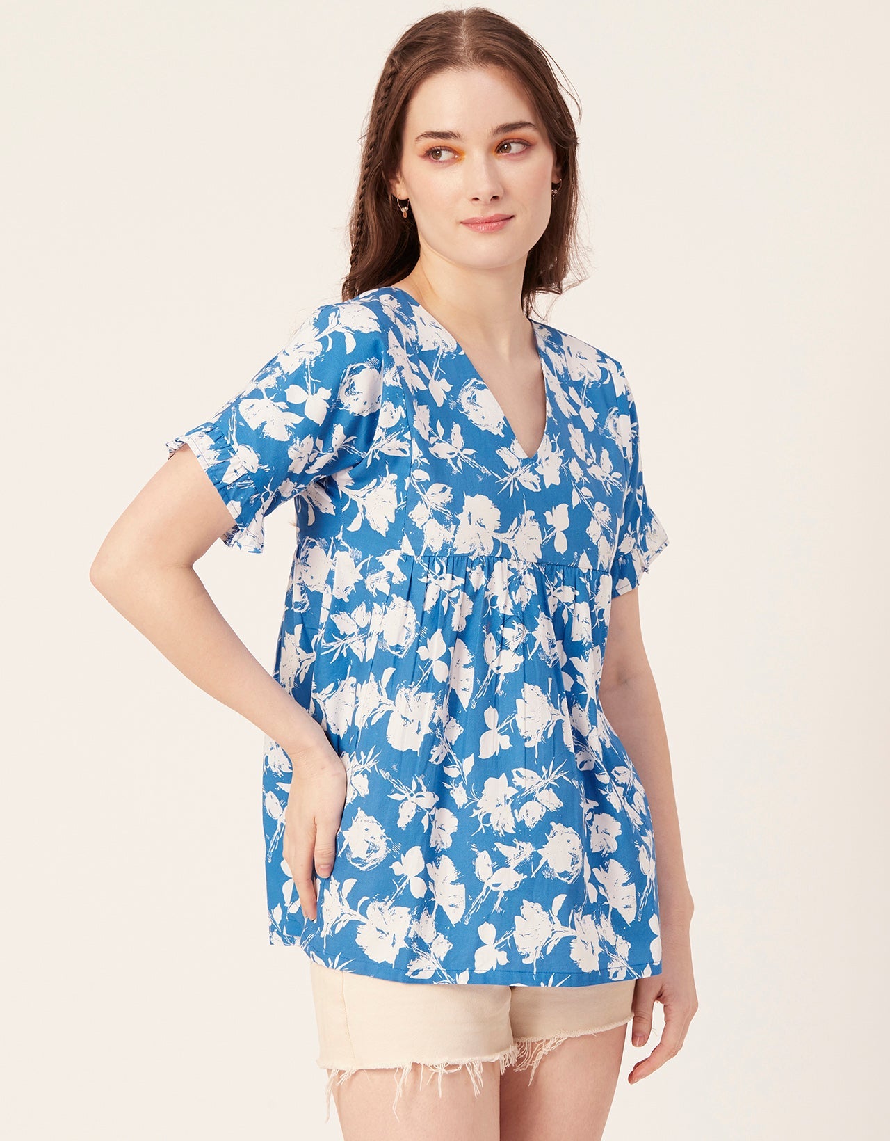 Printed V-Neck Flared Top