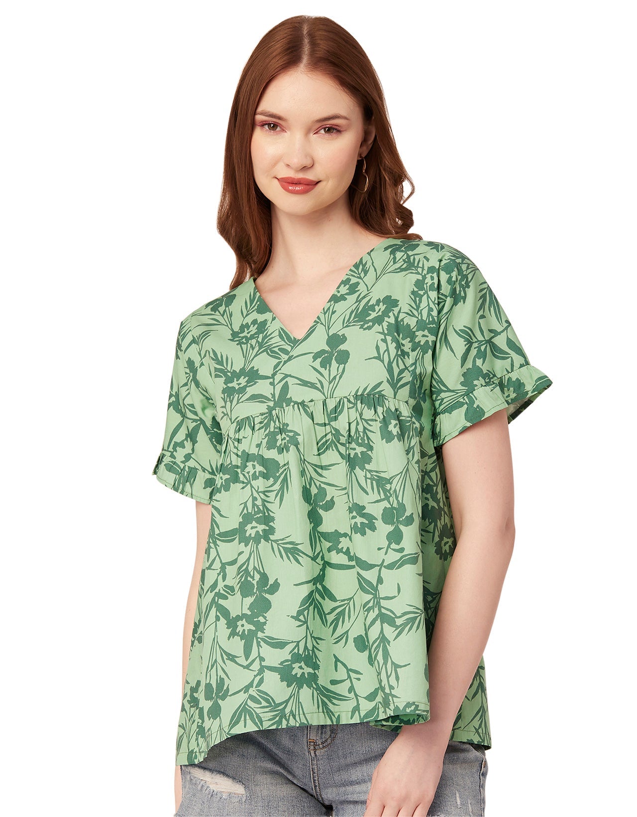 Printed V-Neck Flared Top