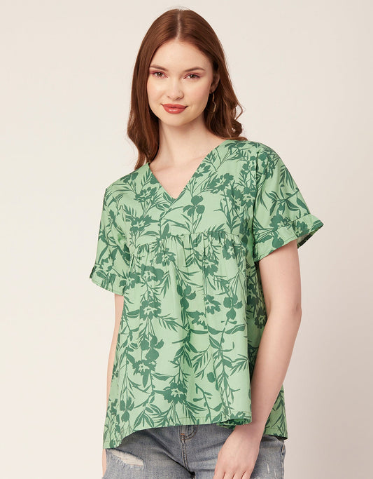 Printed V-Neck Flared Top