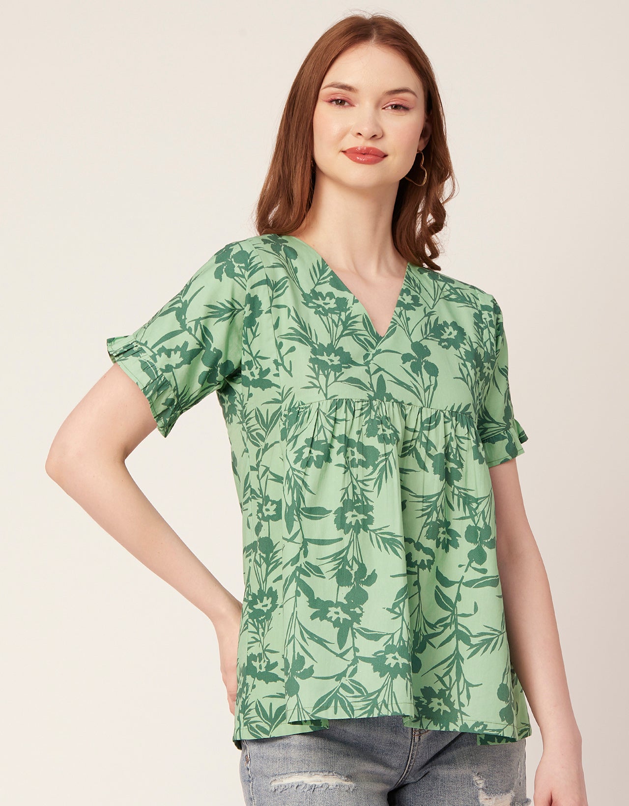 Printed V-Neck Flared Top