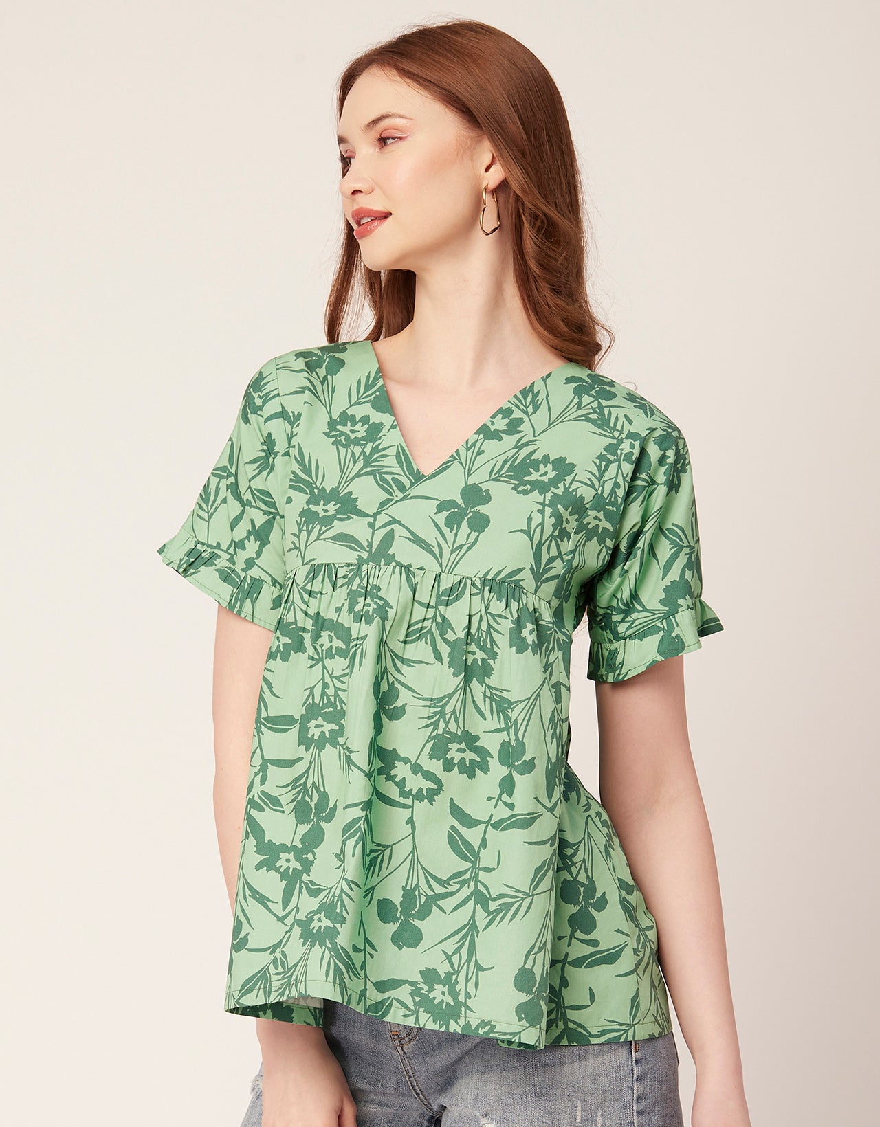 Printed V-Neck Flared Top
