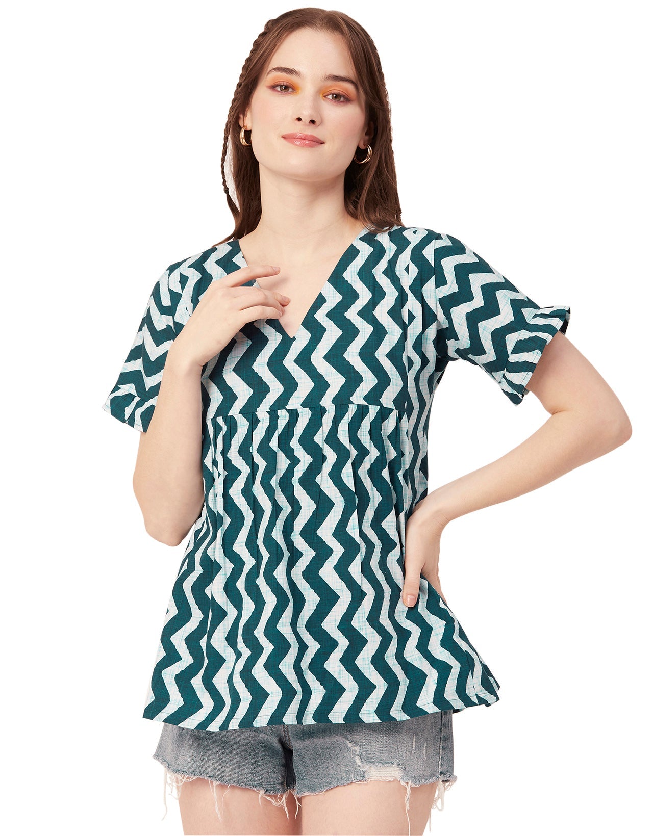 Printed V-Neck Flared Top