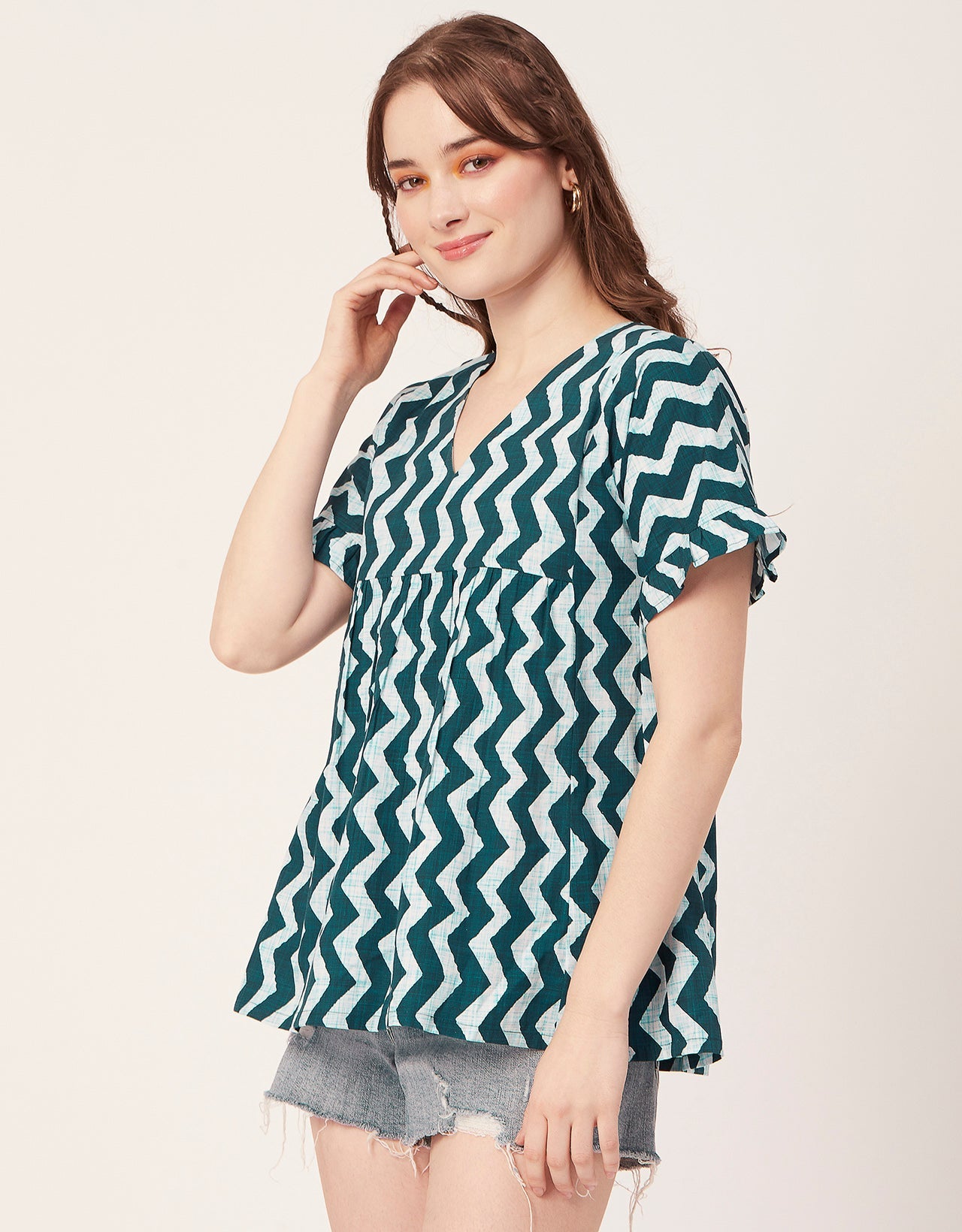 Printed V-Neck Flared Top