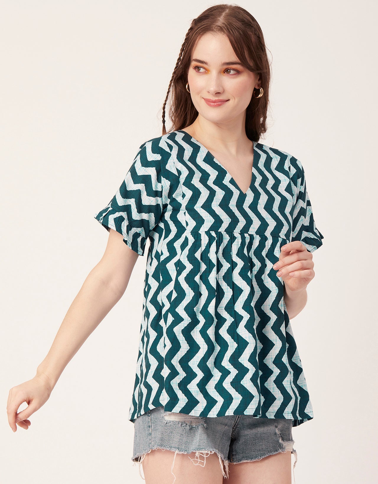 Printed V-Neck Flared Top