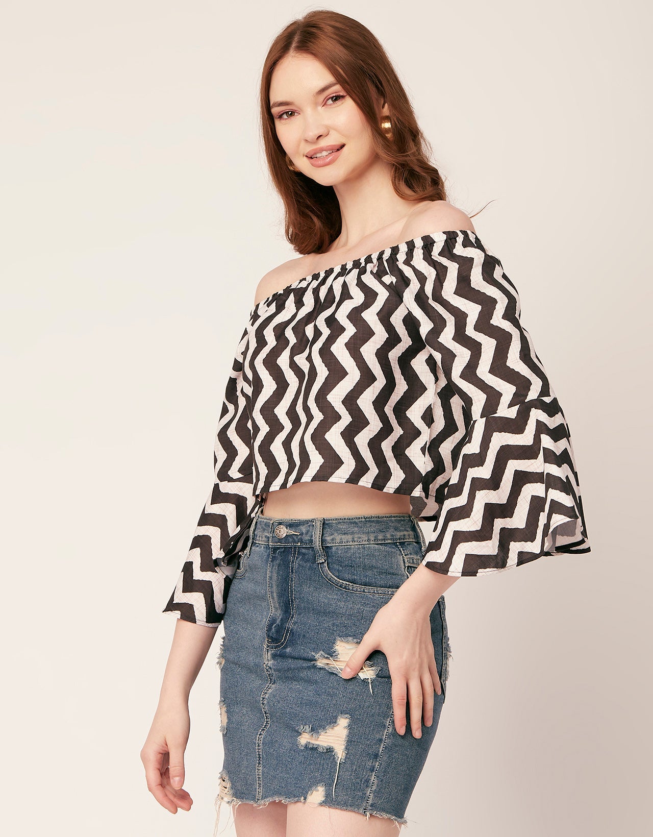 Printed Off-Shoulder Bell Top
