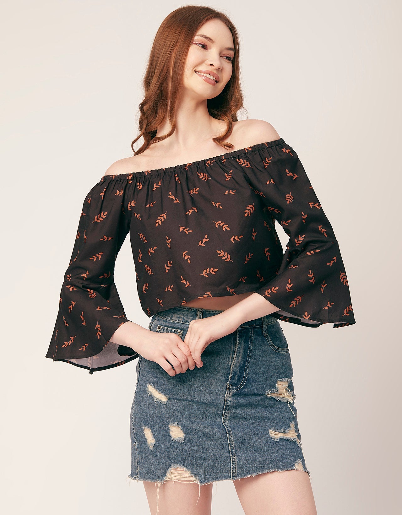 Printed Off-Shoulder Bell Top