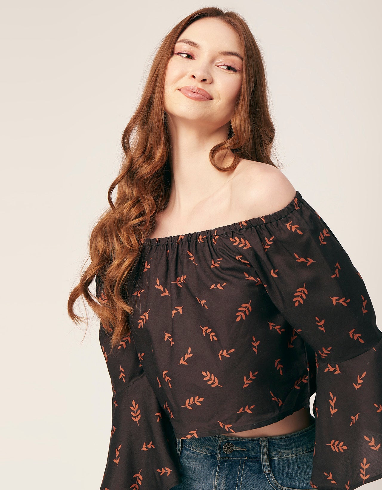 Printed Off-Shoulder Bell Top