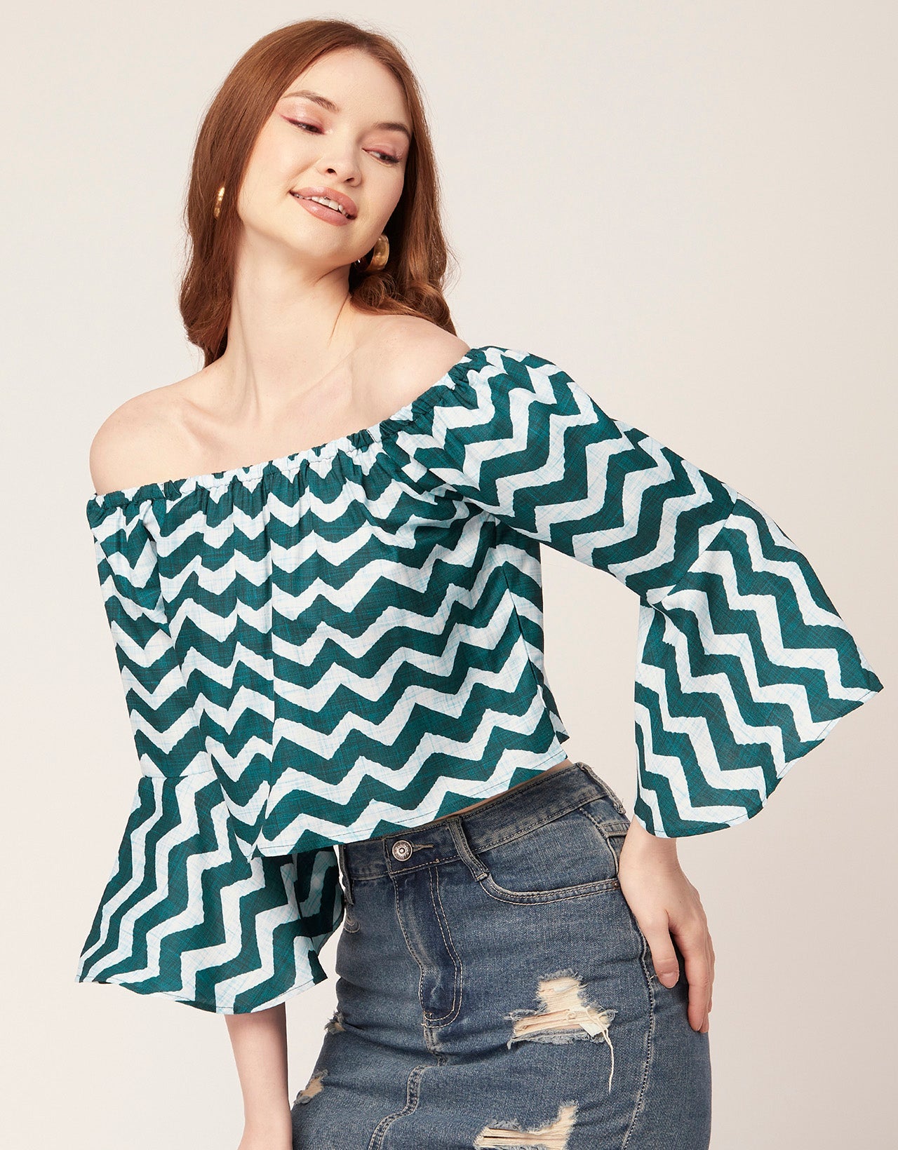 Printed Off-Shoulder Bell Top