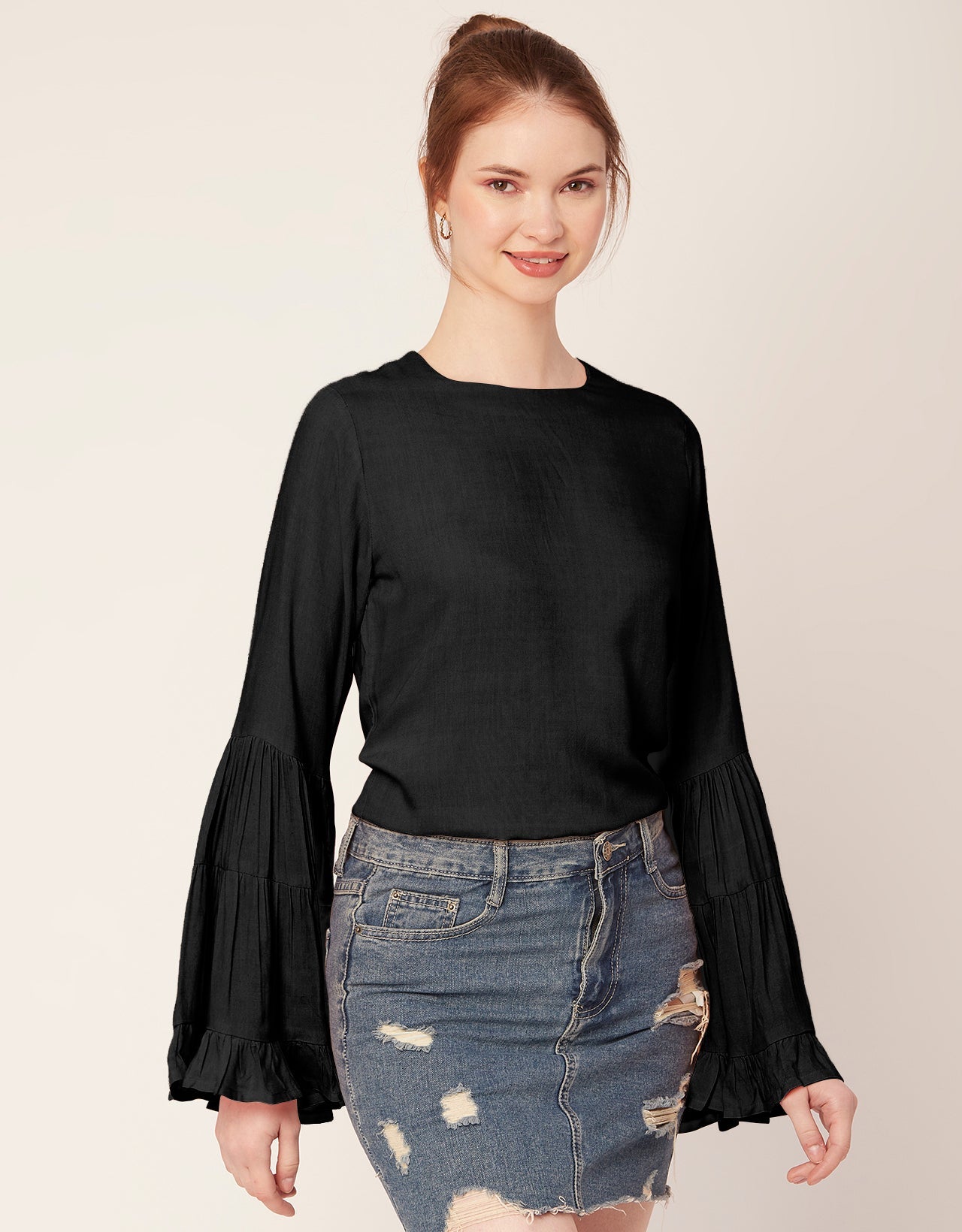 Solid Ruffle Bell Sleeve
