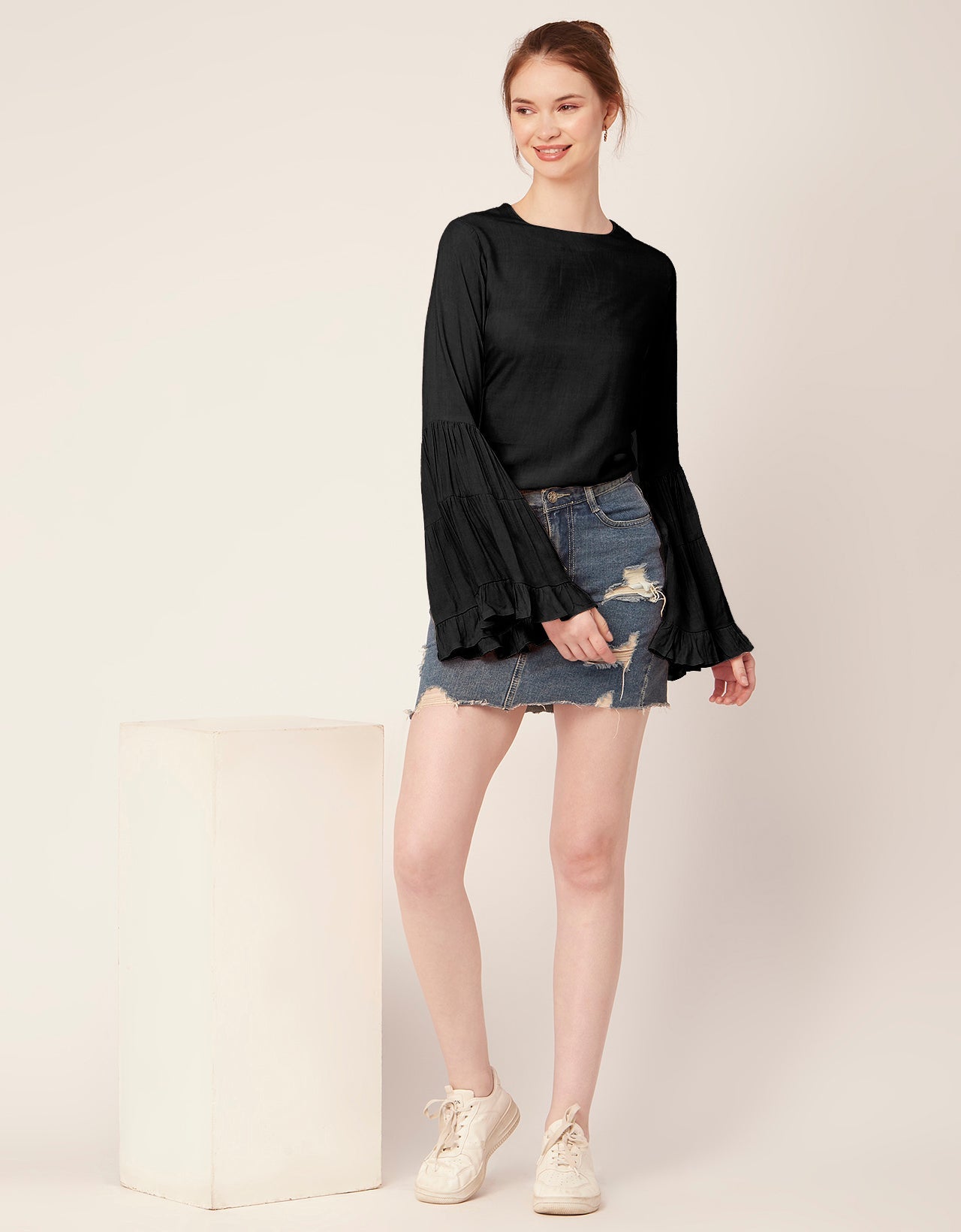 Solid Ruffle Bell Sleeve