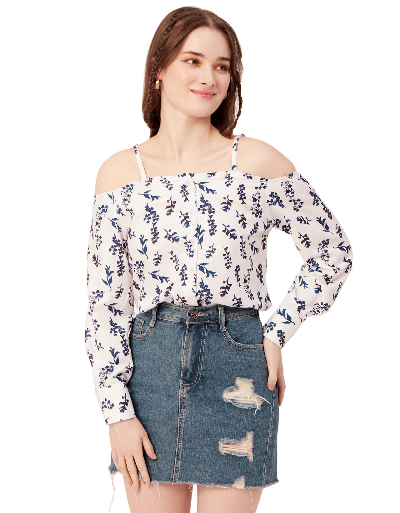 Printed Off-Shoulder Button Top