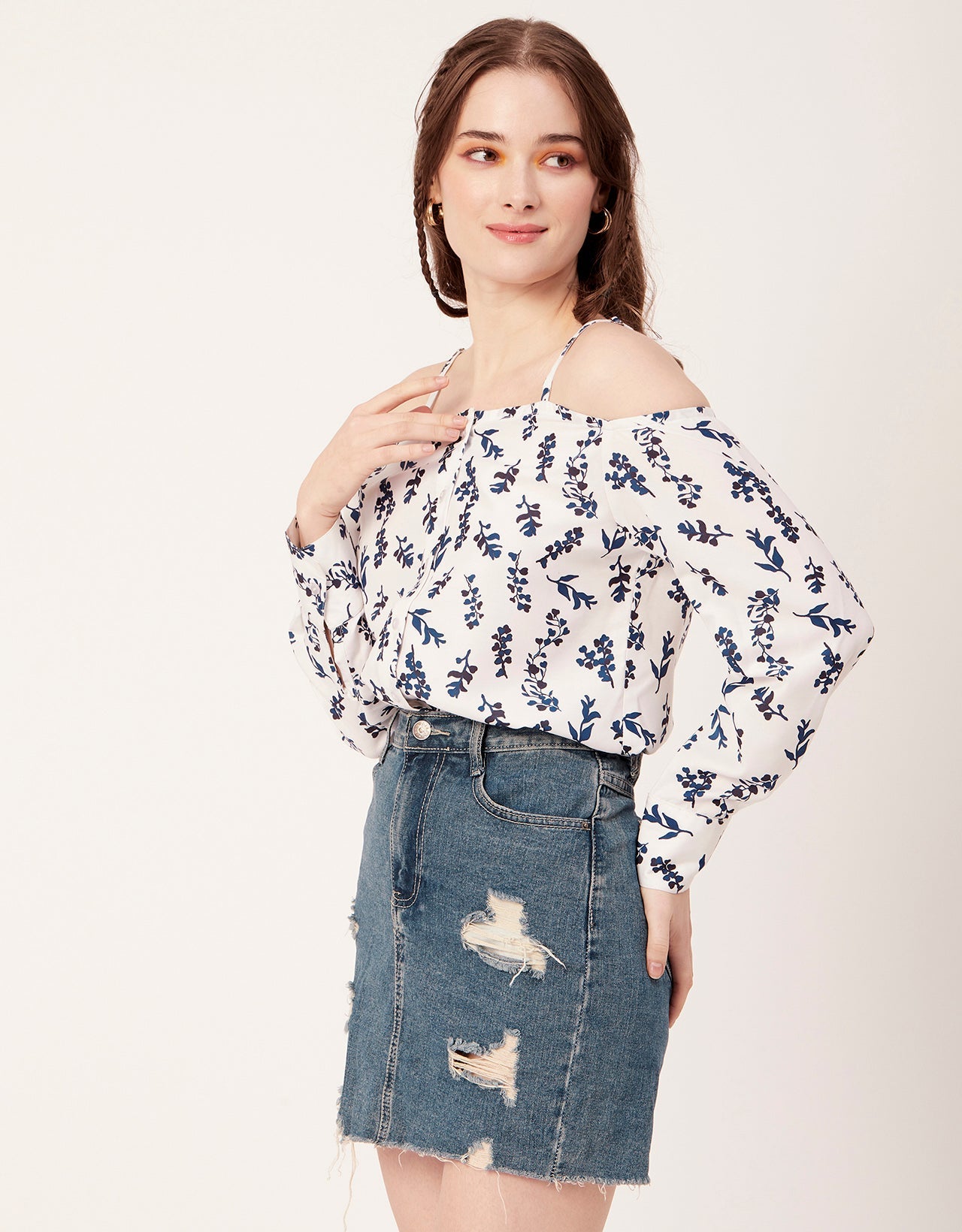 Printed Off-Shoulder Button Top
