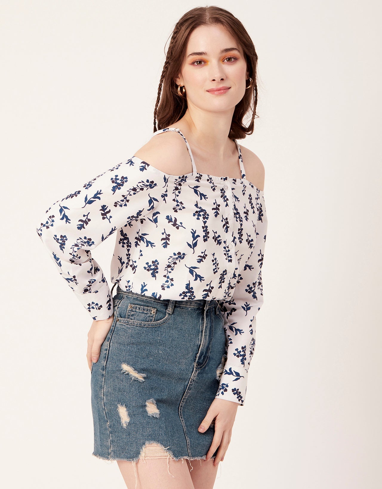 Printed Off-Shoulder Button Top