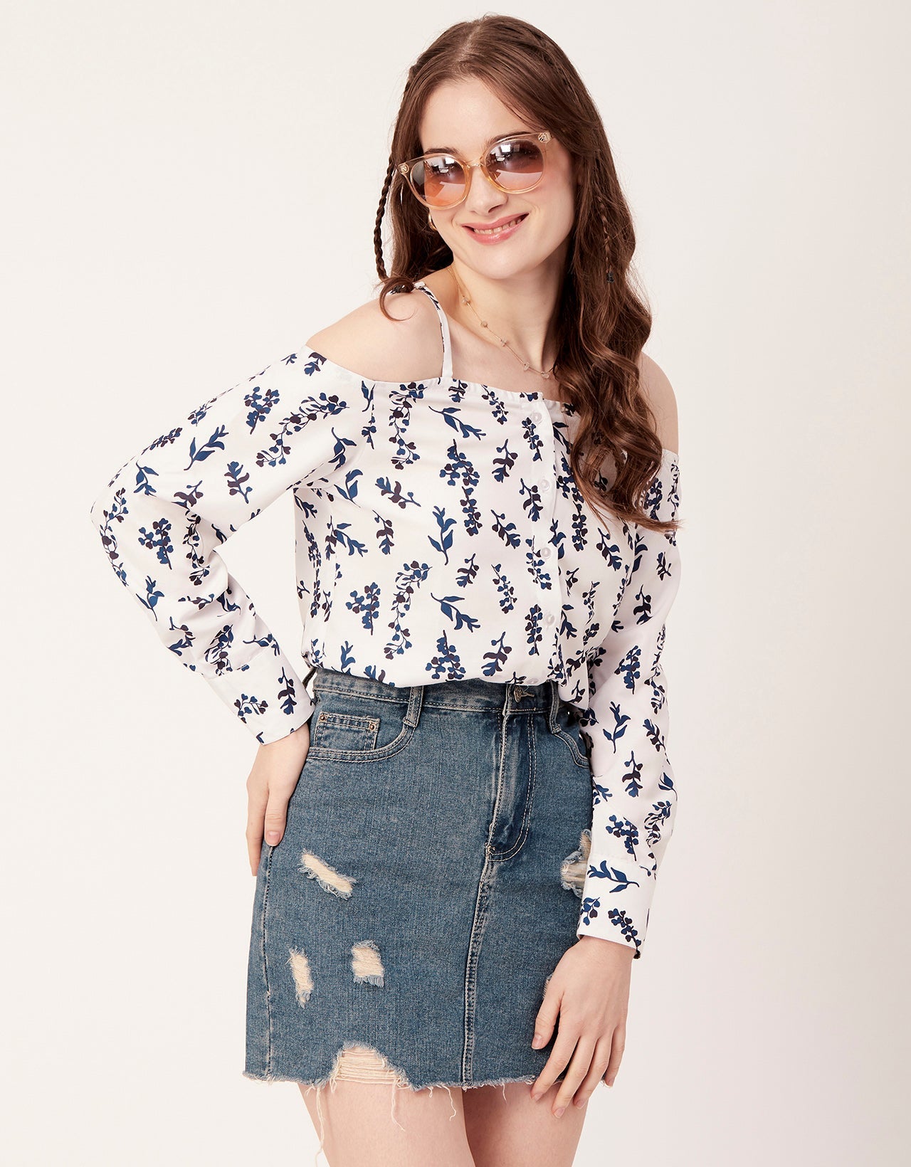 Printed Off-Shoulder Button Top