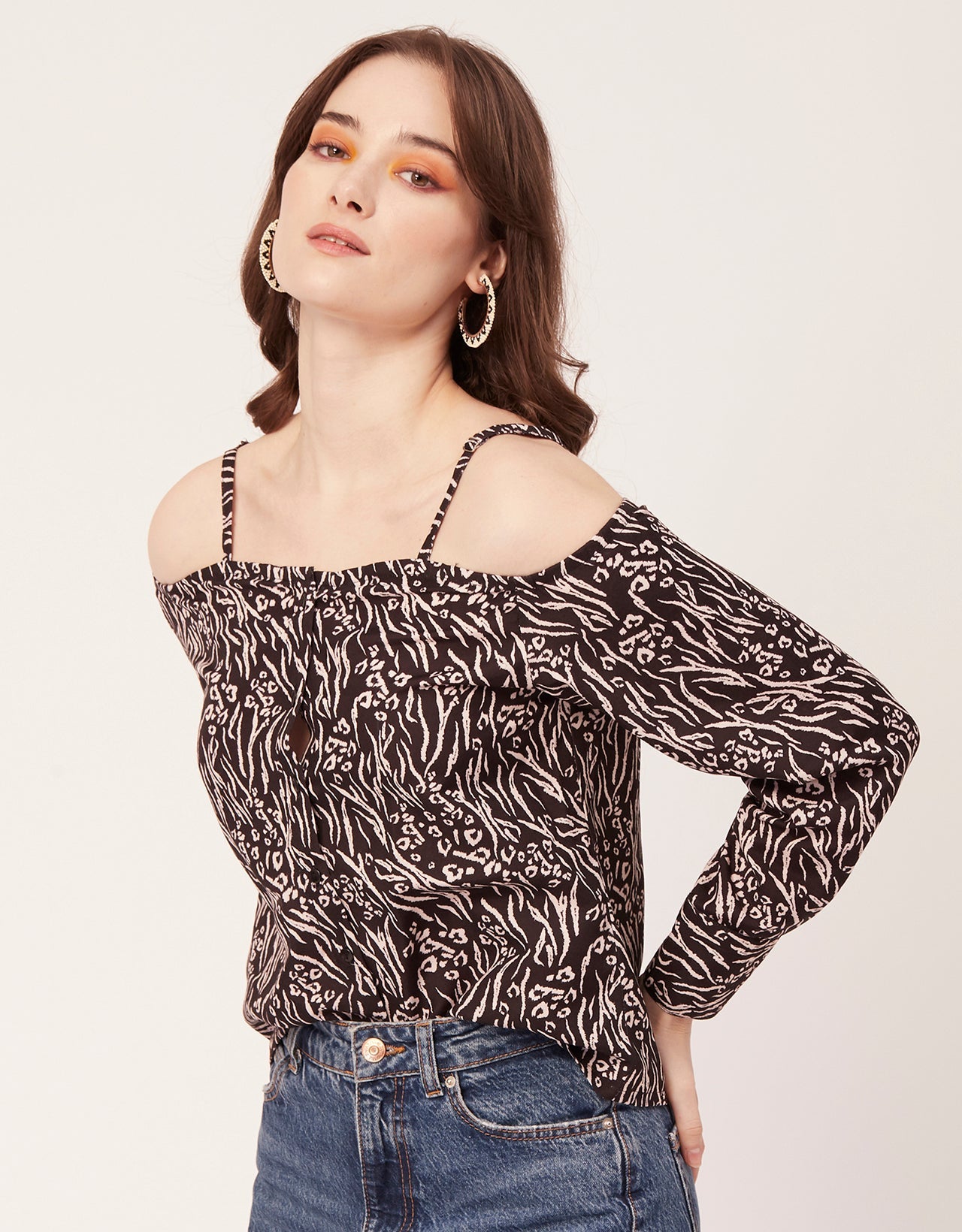 Printed Off-Shoulder Button Top